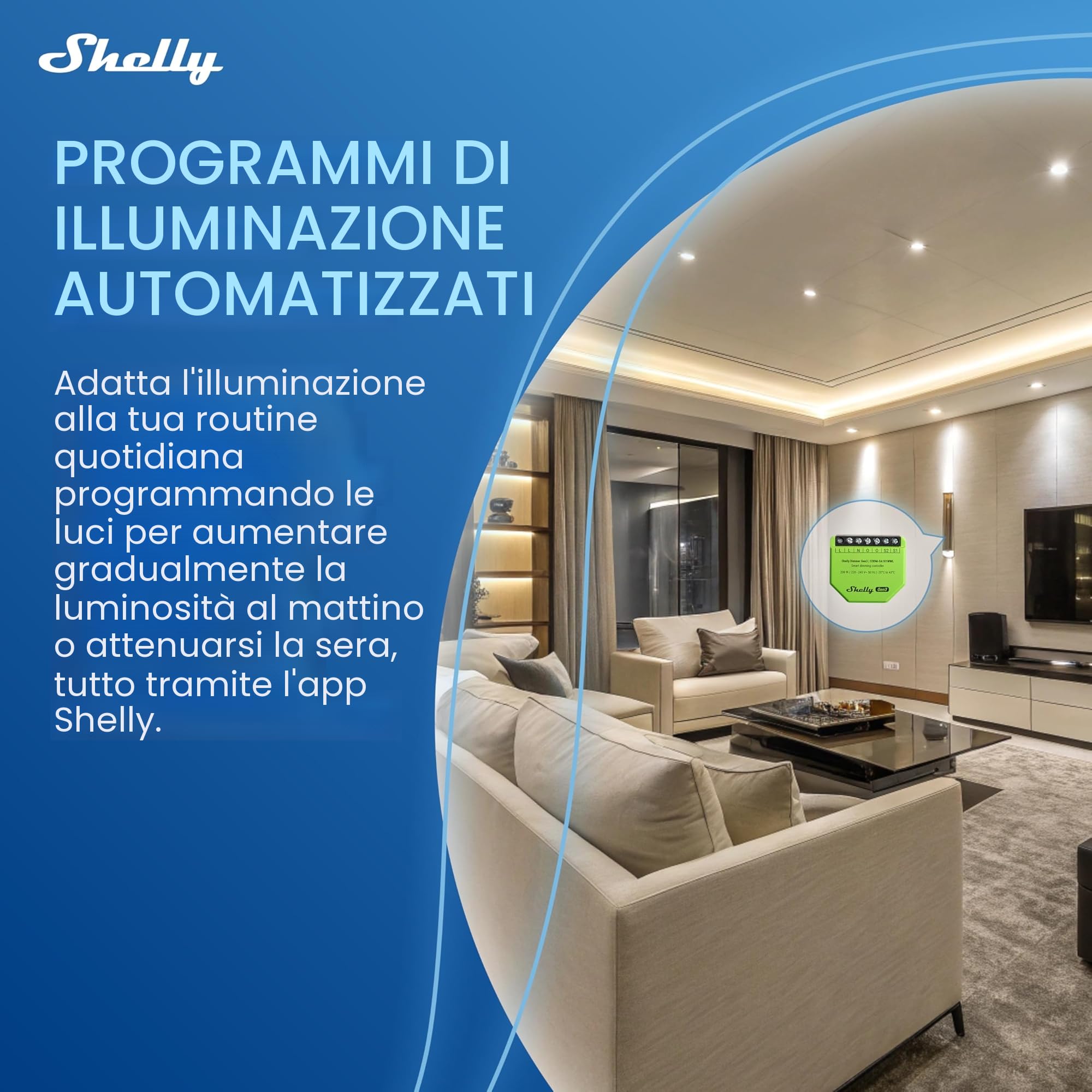 Shelly Dimmer Gen3-240V, Dimmer Smart Wi-Fi, Domotica, Luci Dimmerabili, Strisce LED, Non Richiede Neutro, Programmazione Intelligente, Nessun Hub Richiesto, Modalità Notturna, Alexa & Google Home