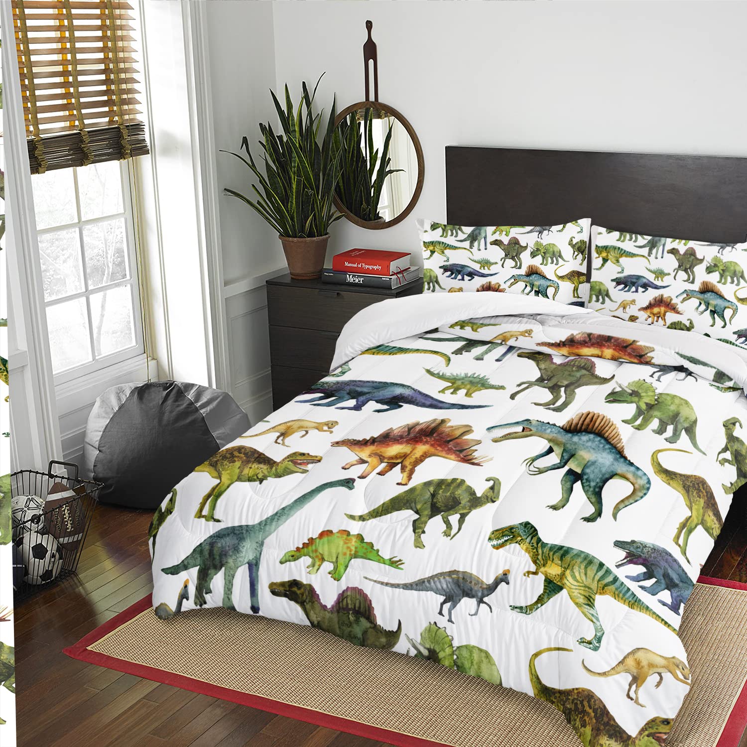 AILONEN Cartoon Dinosaur Print Bedding Set Queen Size Hand Drawn Green Dinosaurs White Tint Comforter Set for Kids Teens Boys Girls Soft Breathable Duvet Set 3 Pieces, 1 Comforter and 2 Pillowcases