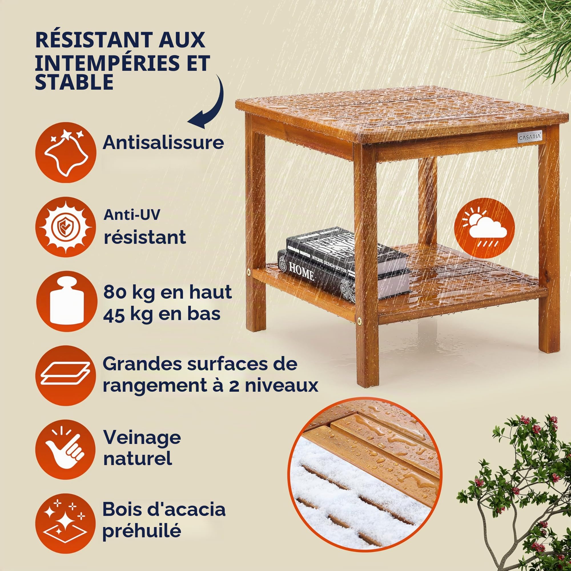 Casaria Table Basse de Jardin Washington en Bois d'acacia 45 x 45 cm Table d'appoint 2 Niveaux intérieur extérieur