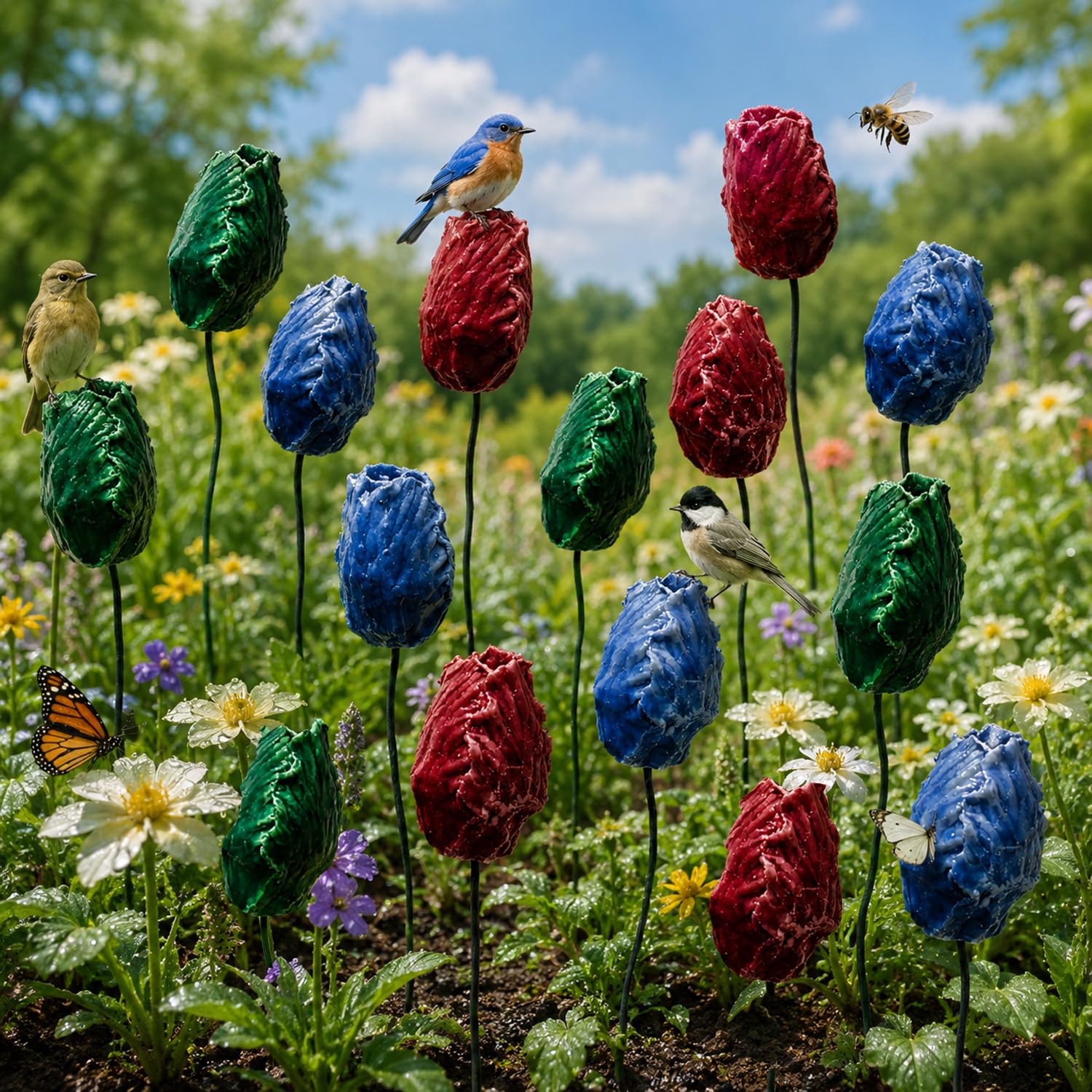 Ceramic Flower Pollinator Water Feeders, Outdoor Garden Stakes for Bees, Butterflies and Hummingbirds, Weather-Resistant Garden Decor for Pollinators (15 flowers combination)