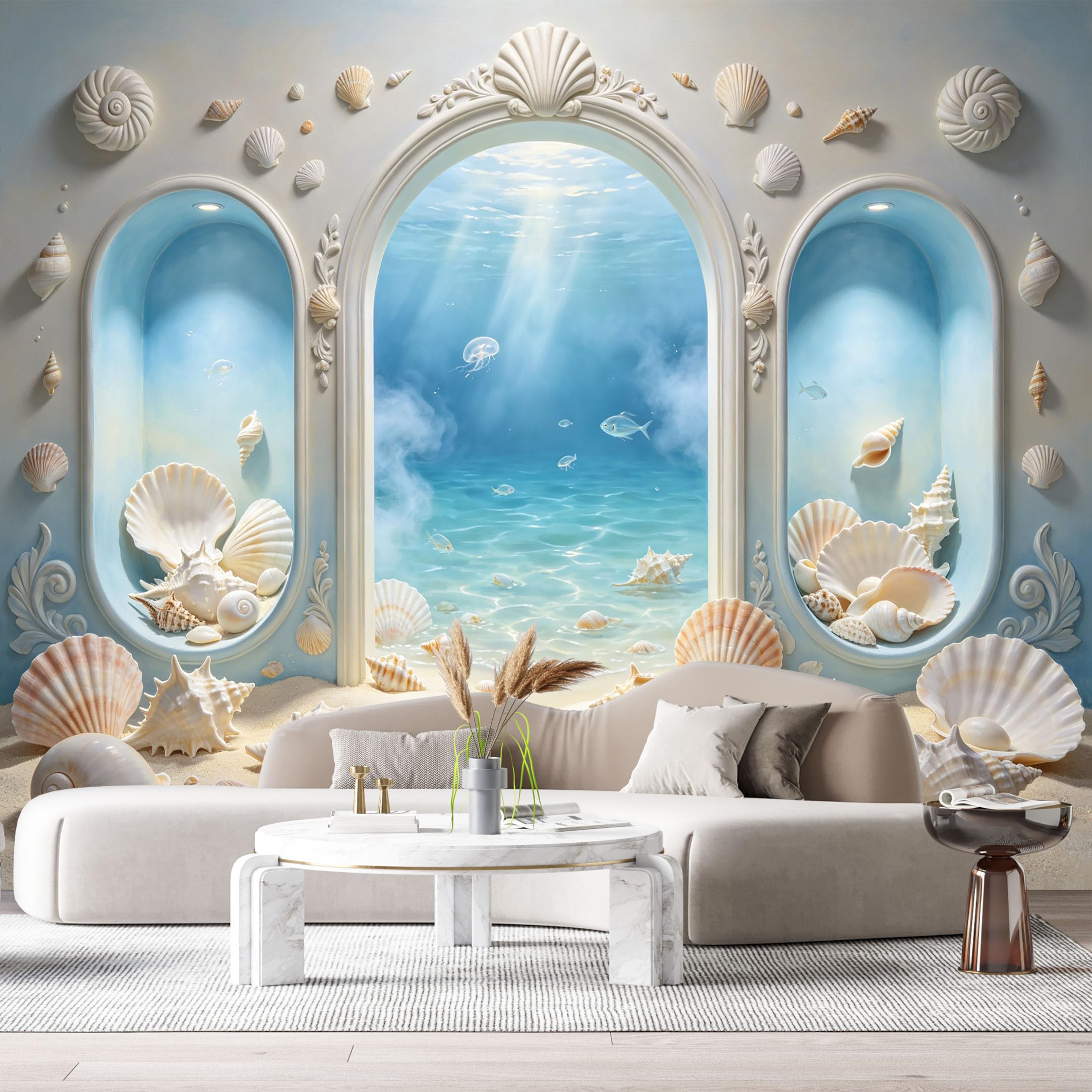 Custom Size Wall Murals Ocean Marine Underwater Seashells 3D Trompe L'Oeil SelfAdhesiveWall Fabric Removable Wallpaper Wall Decor for Living Room Bedroom Bathroom