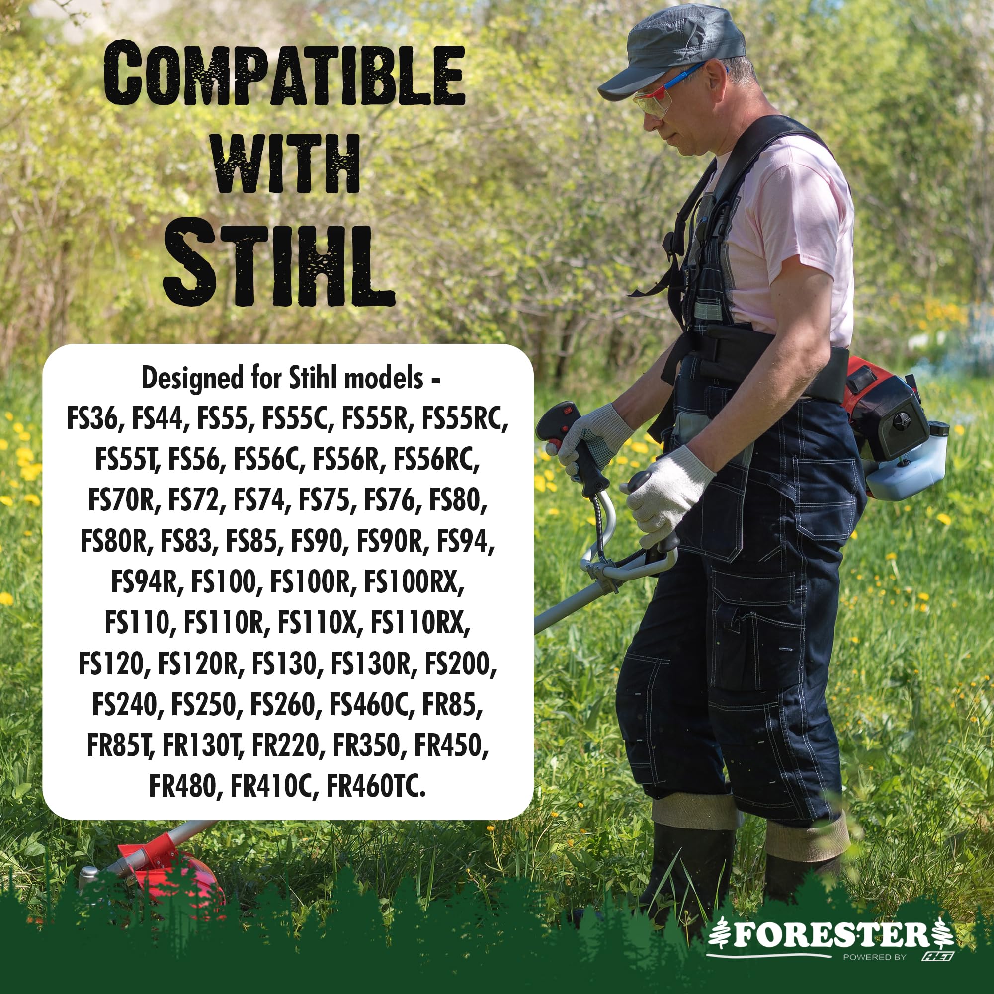 FORESTER Kit de conversión de desbrozadora con corte 9, incluye gafas de seguridad, tapones para los oídos, guantes, arnés, compatible con la mayoría de recortadoras de eje recto Stihl