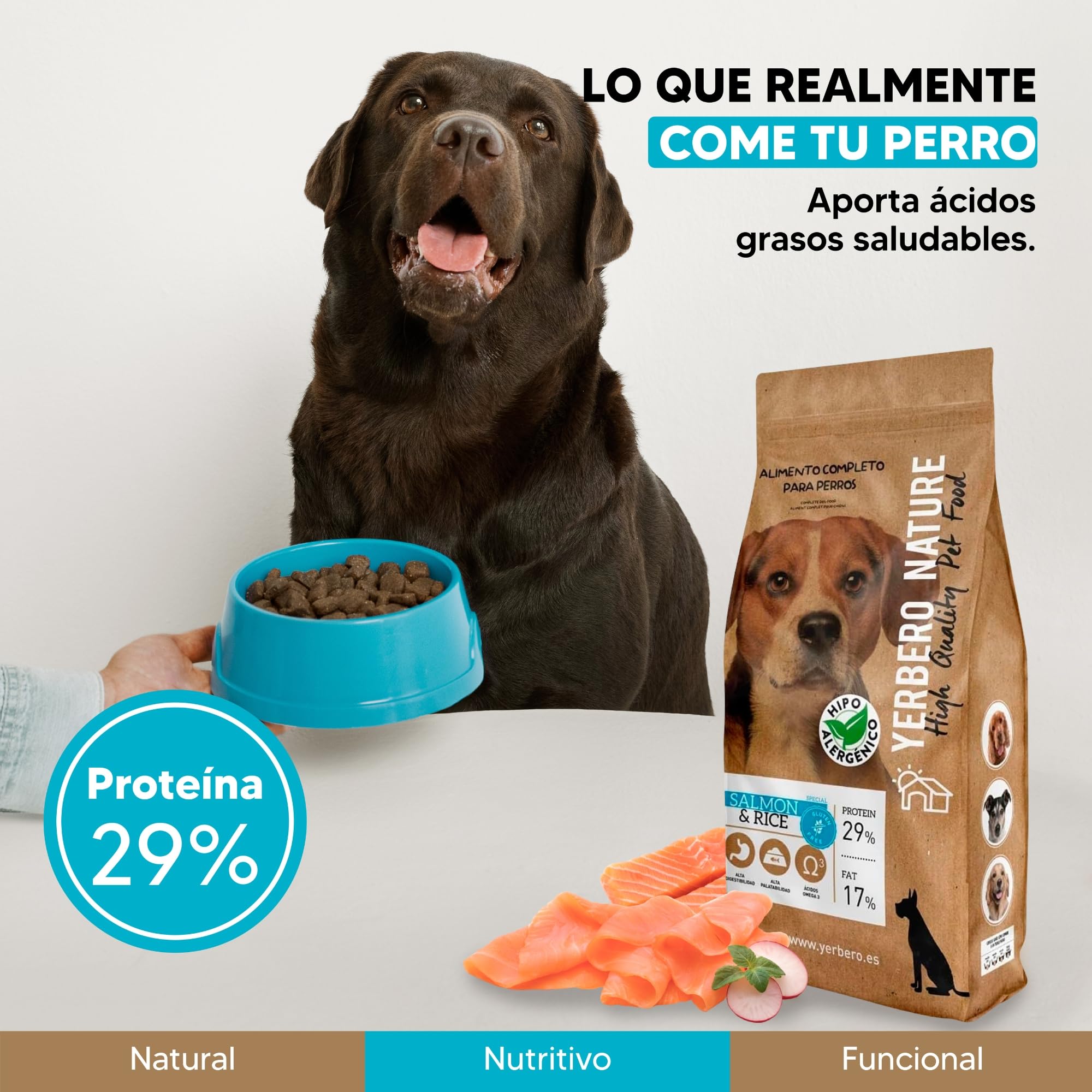 Yerbero Nature Salmon & Rice, Pienso para Perros sin Gluten con Salmón,Pienso Hipoalergénico para Perros con Alta Digestibilidad con Omega 3 para Pelo Brillante (Salmón y arroz) 10kg