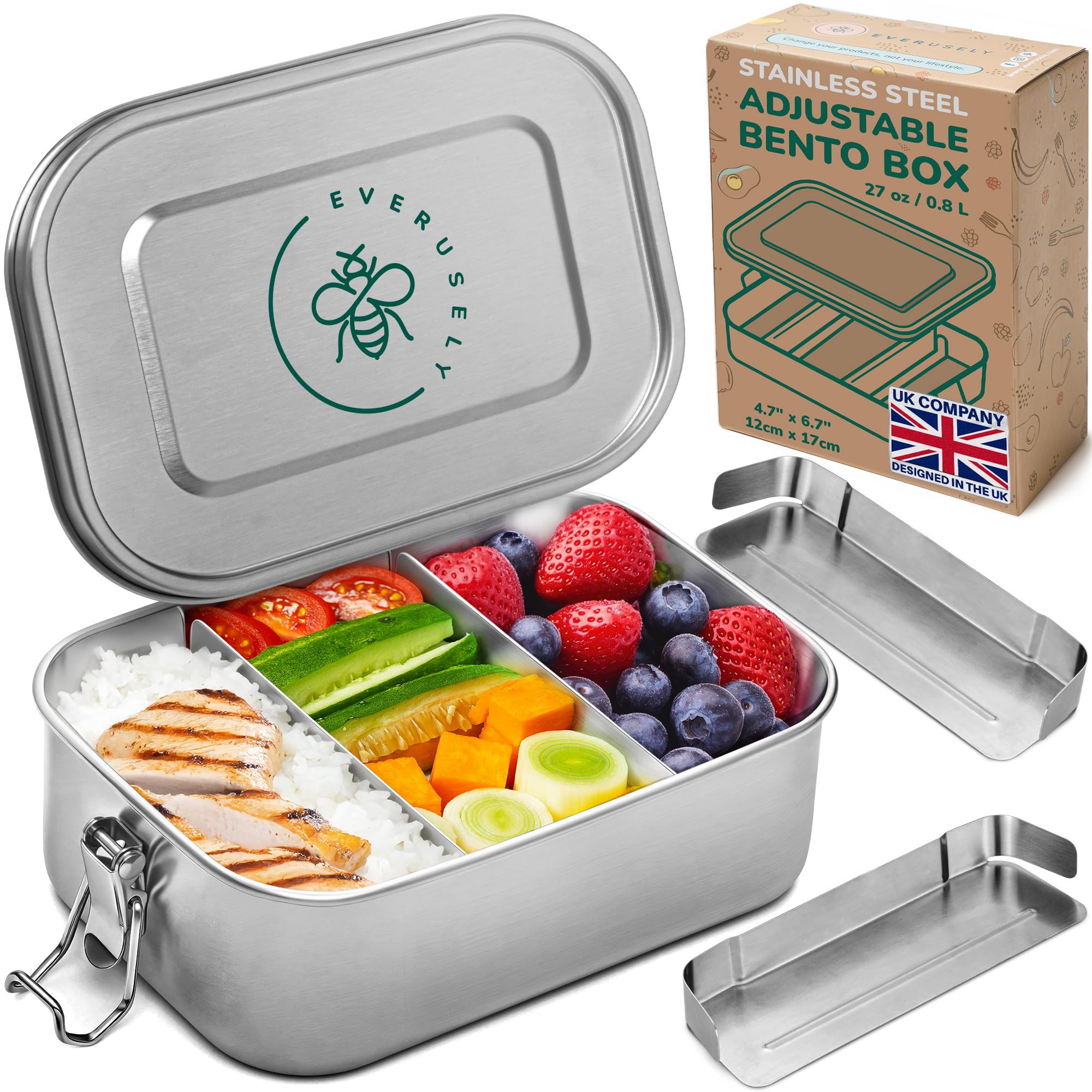 Everusely - Stainless Steel Lunch Box - 800 ml, 2 Adjustable Dividers - Leakproof Snack & Salad Bento Containers - Food Storage Boxes with Lids for Work