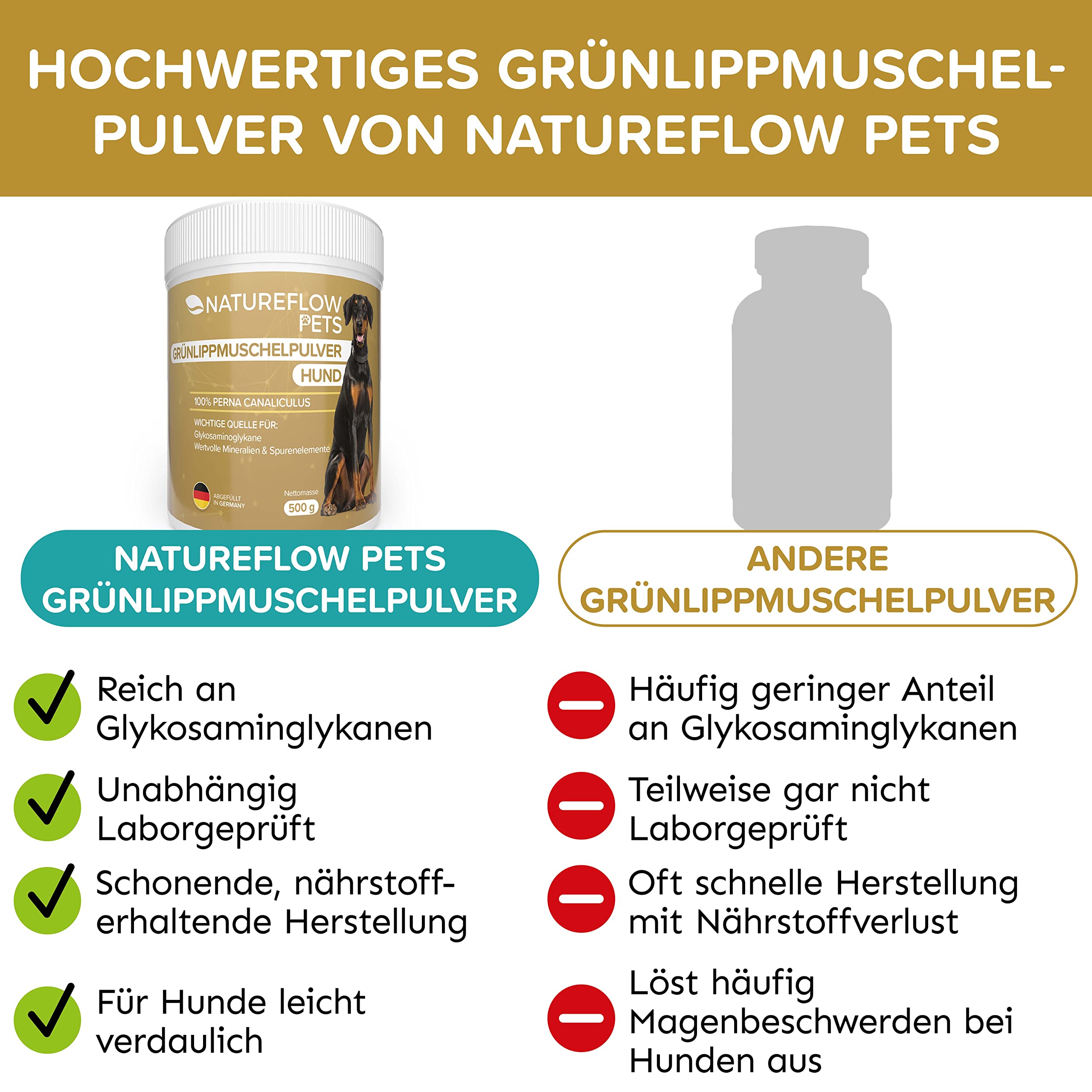 Grünlippmuschel Hund TESTSIEGER - 500g natürliches Grünlippmuschelpulver für Hunde - Unterstützung der Gelenkfunktion - Grünlippmuschel für Hunde mit Hoher Akzeptanz - Grünlippmuschelpulver Hund