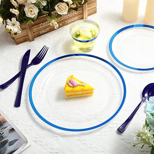 Miniatura 7 de Roshtia Juego de 300 platos de plástico transparente con borde para 50 invitados, color azul