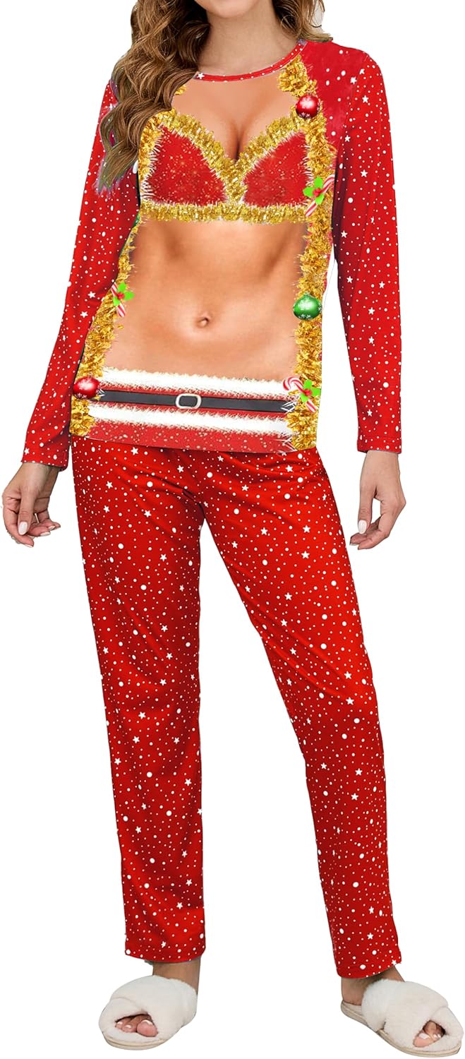 Couple Ugly Christmas Pajamas Set Long Sleeve Pjs for Women Men Sleepwear Jammies Party