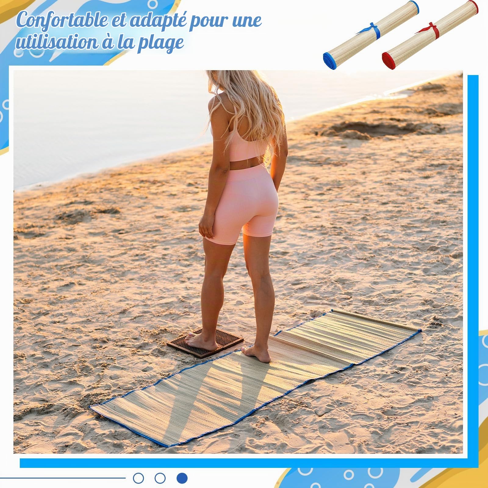Qunclay Lot de 4 tapis de plage en paille imperméables, antidérapants, pliables et légers avec bordure pour camping, bain de soleil, pique-nique, yoga (bleu, rouge, 177,8 x 61 cm)