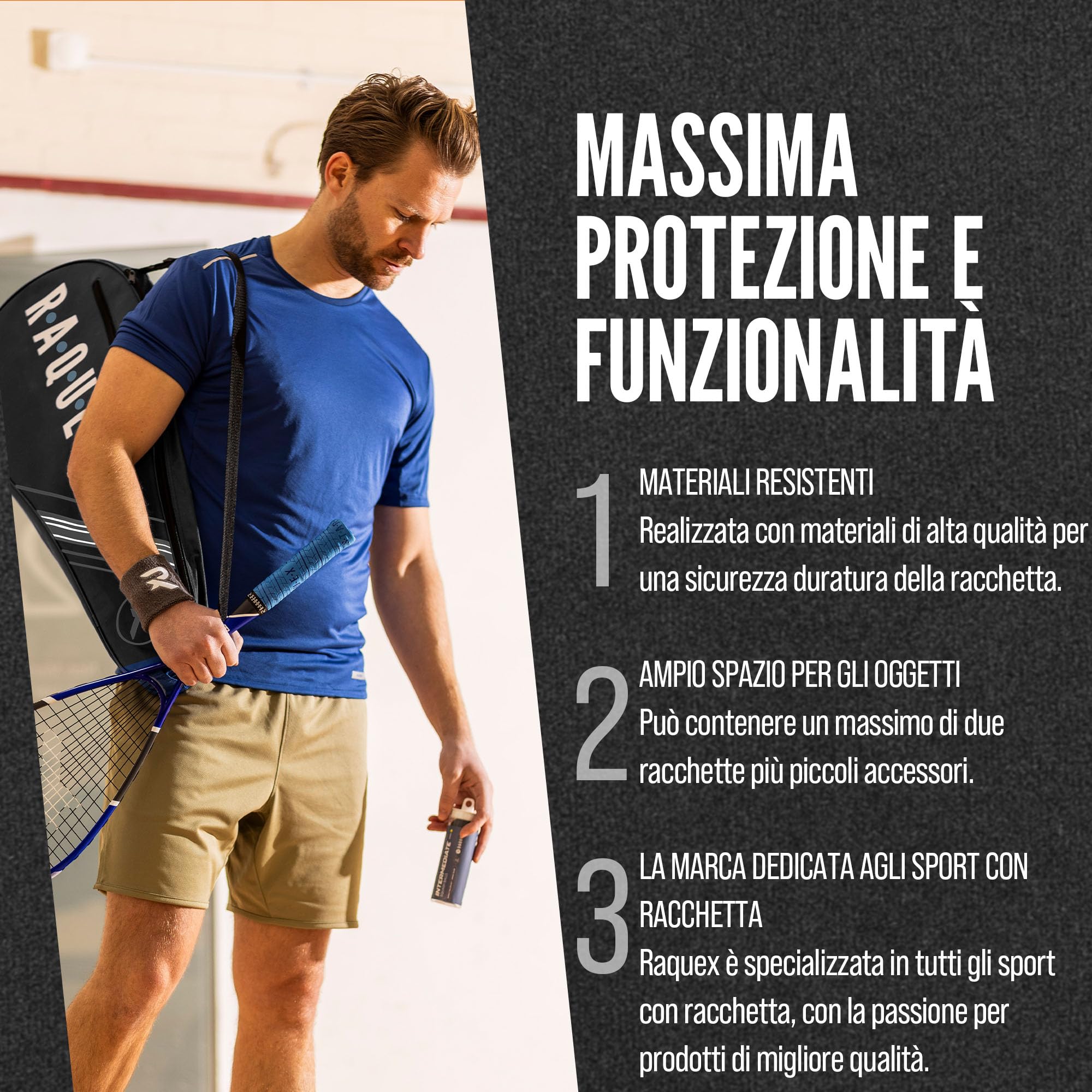 Raquex Borsa per racchette da tennis, blu o nero, borsa per racchette da tennis, squash e badminton, per 2 racchette e accessori, con tracolla