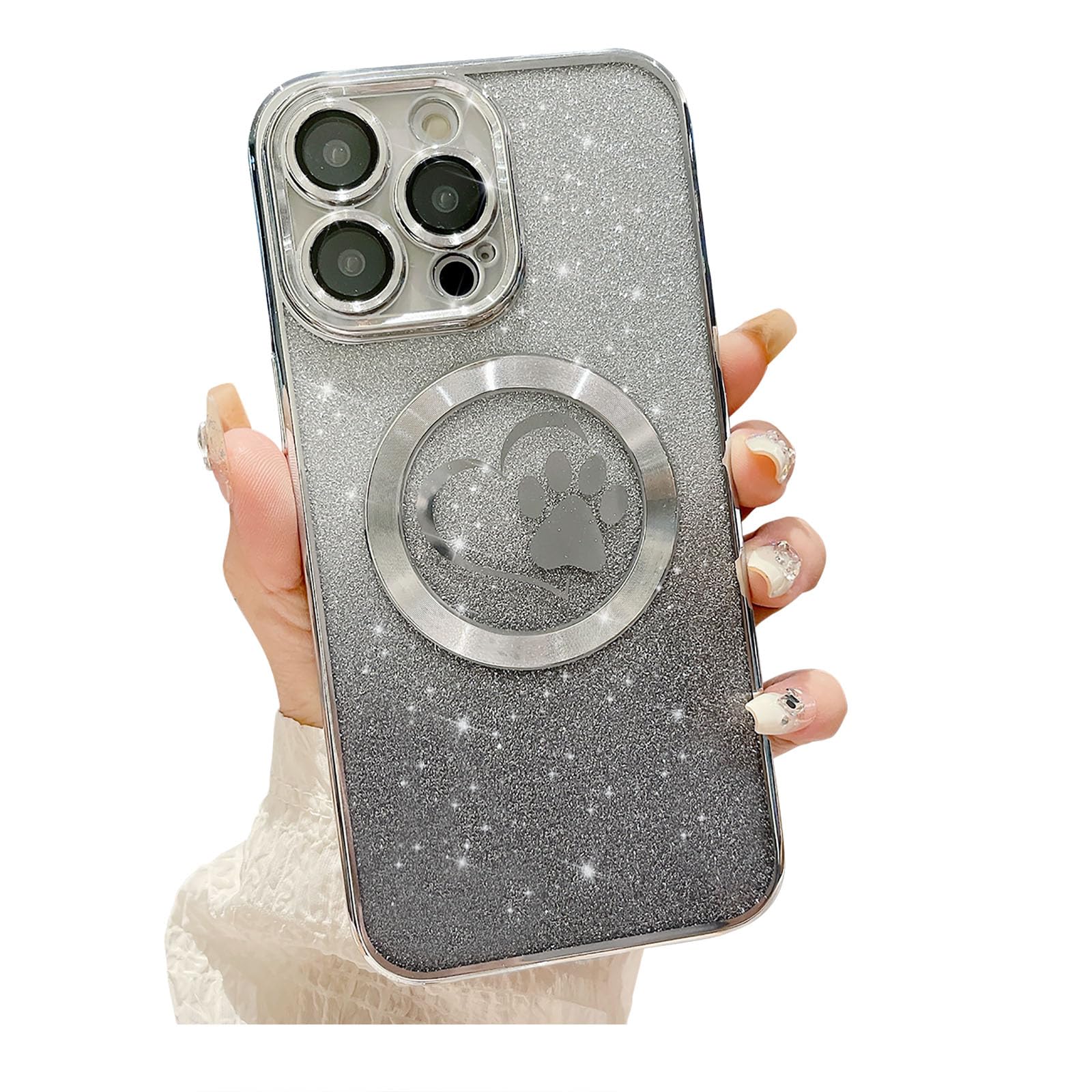 for iPhone 15 Pro Max Case Glitter Clear Paw Love Heart Compatible with MagSafe, Strong Magnetic Full Camera Lens Protection Soft Slim Thin Cute Bling