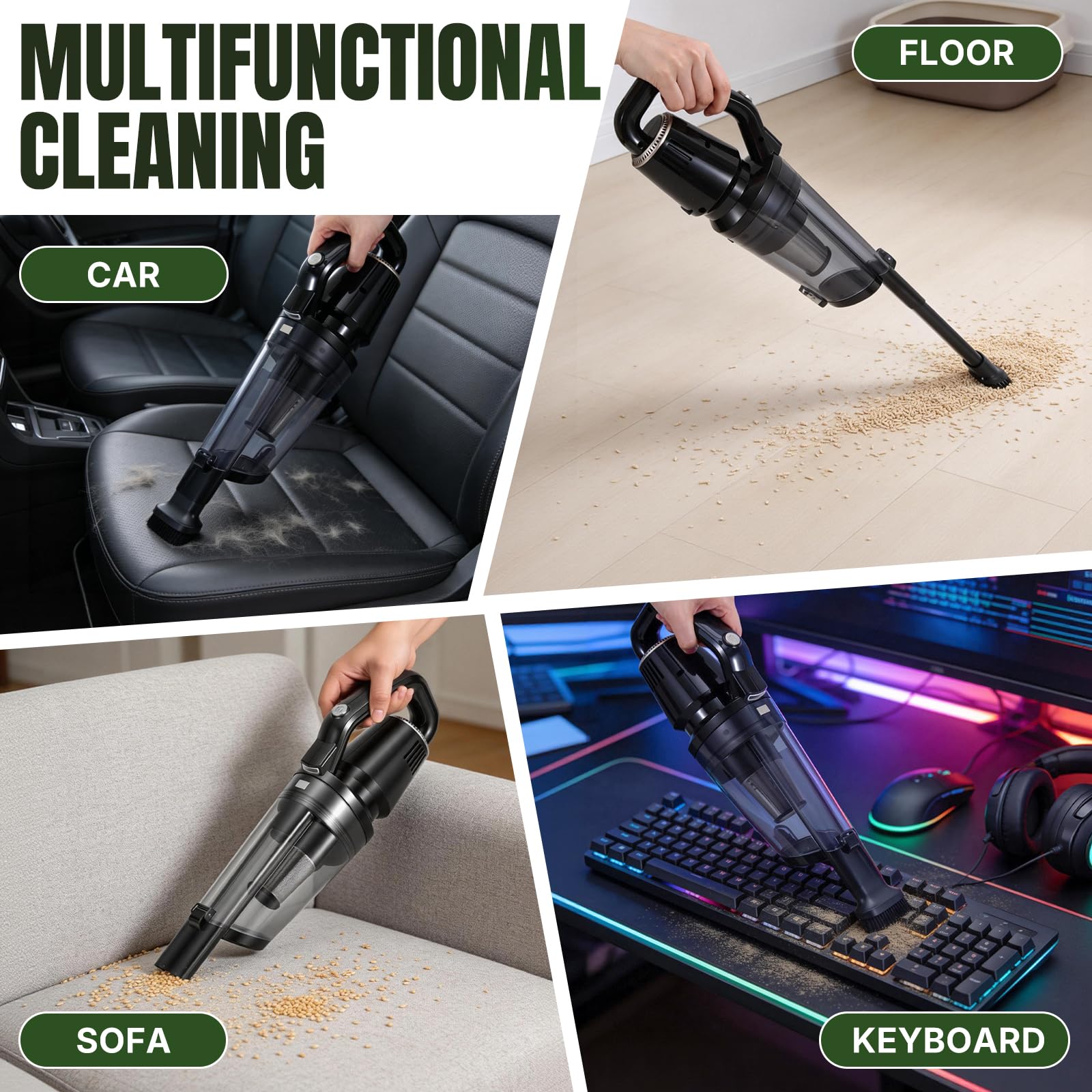 Aspiradora de mano con batería, aspiradora para coche fuerte, mini aspiradora inalámbrica 10000 Pa Car Vacuum Cleaner, portátil, ligera y recargable para coche, hogar y mascotas