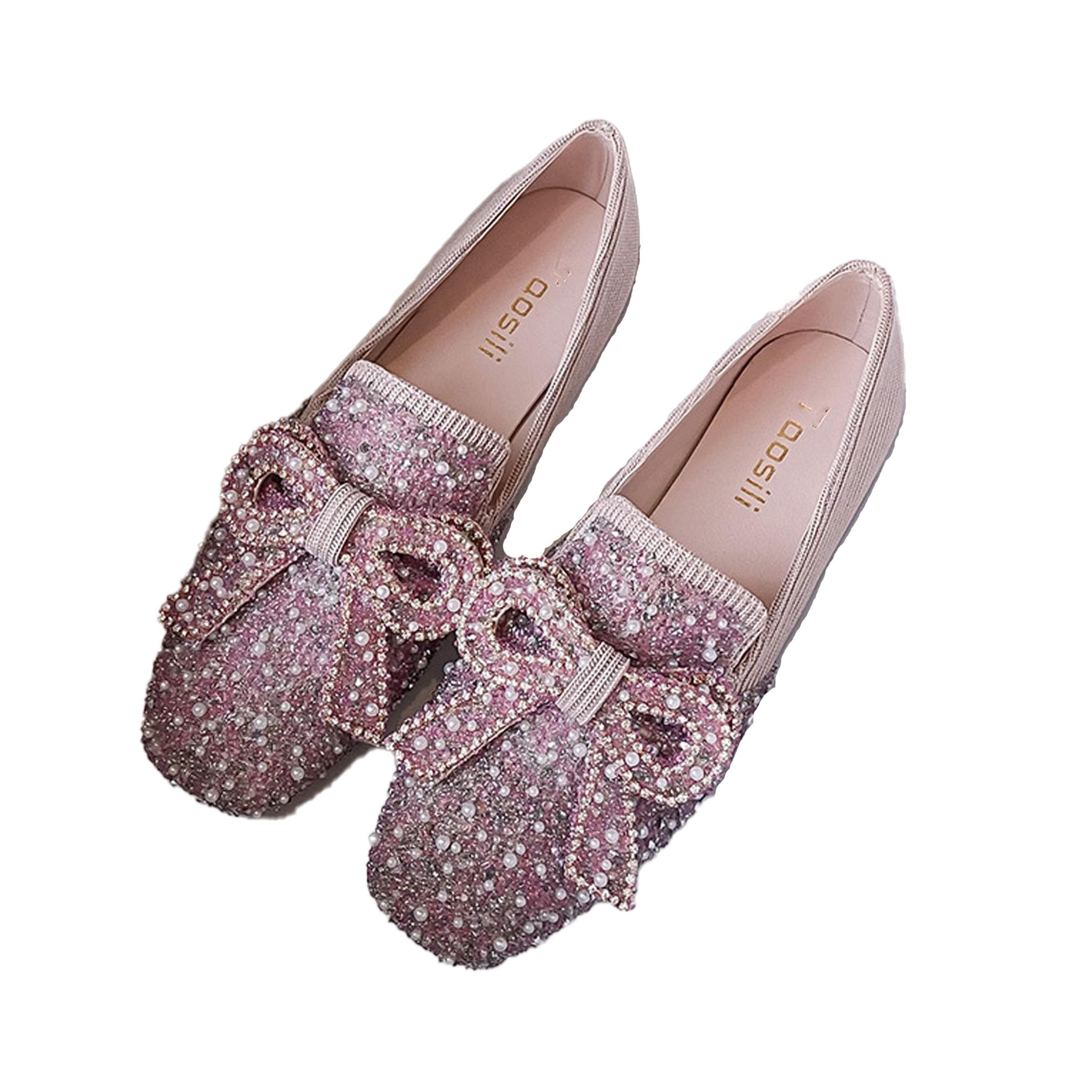 DESESE Women's Rhinestones Glitter Flat Shoes,Square Bow Dress Shoes Comfort Non Slip Low Heel Walking Shoes Casual Slip On Loafers