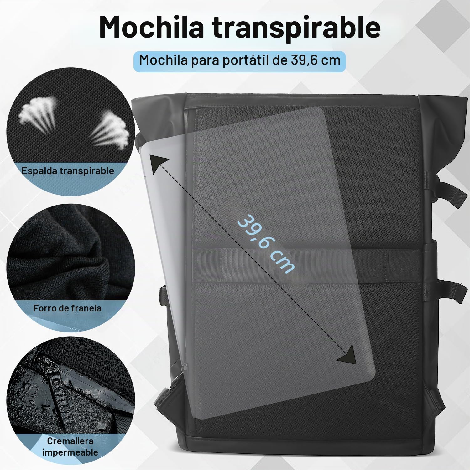 Mochila enrollable para portátil, para hombre y mujer, informal, para un día, para portátil de 15,6”