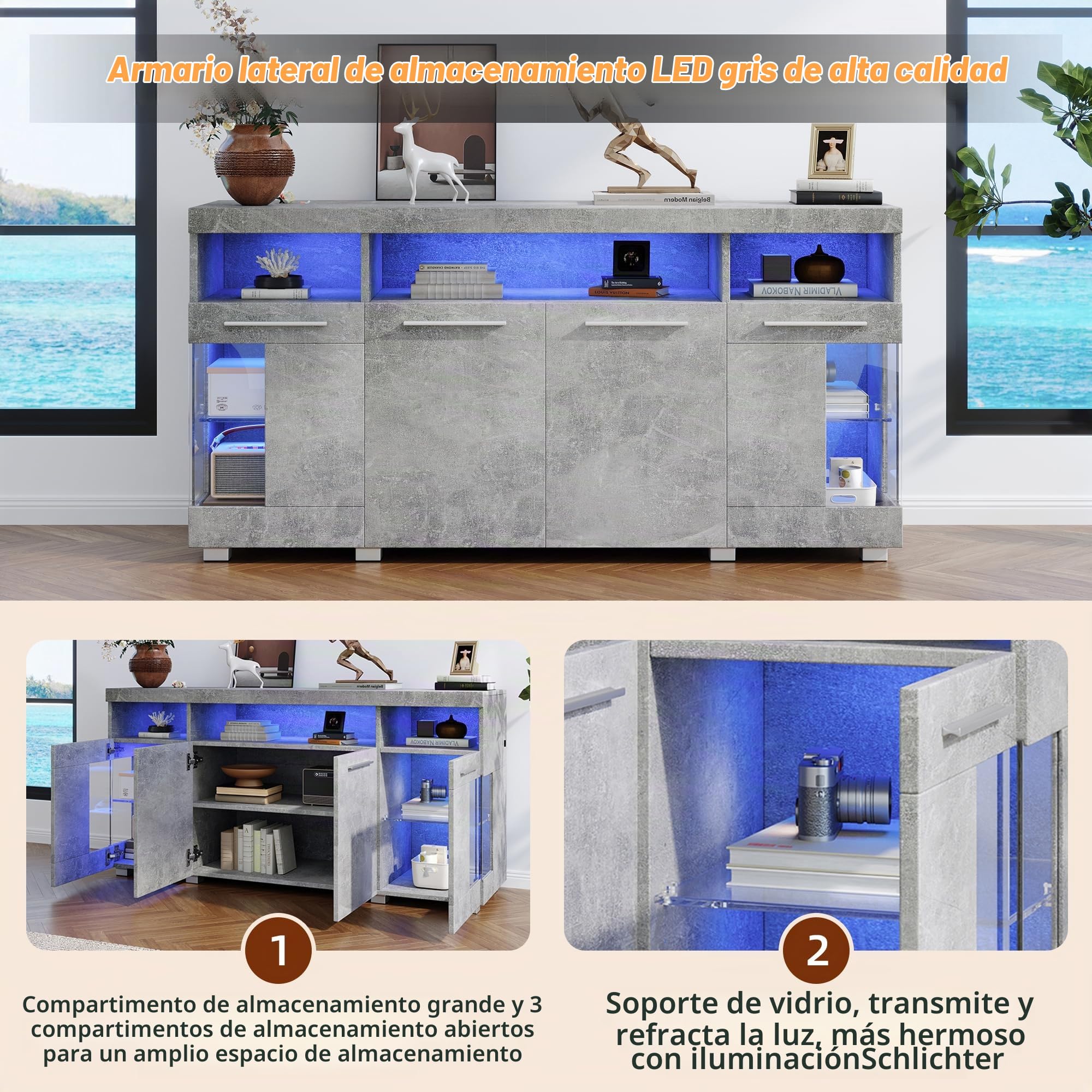 Aparador Cocina con luz LED, Aparadores para Salon con 4 Puertas Aparador Entrada 140x40x70cm, Armario Cocina Comoda Vitrina Mueble Auxiliar, Muebles de Salon (Gris Cemento)