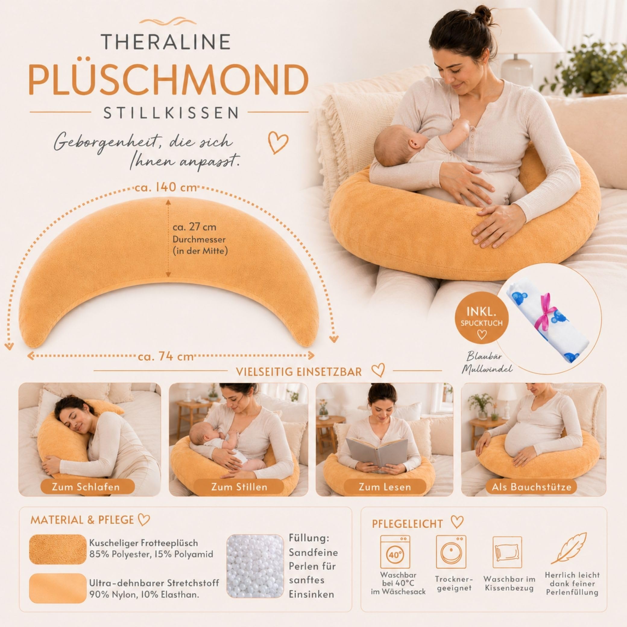 Set Theraline Plüschmond Stillkissen, Bauchstützkissen & Spucktuch Blaubär | Schmusekissen und Lesekissen | Kopf- und Nackenkissen | kein Rascheln durch Perlen | gefüllt mit Perlen