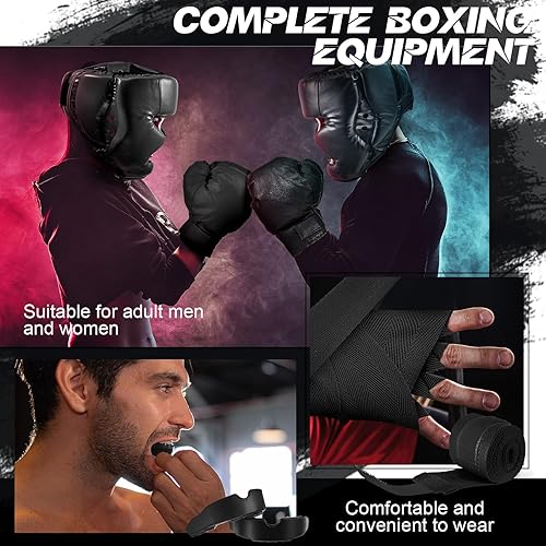 Miniatura 4 de Kanayu Juego de 7 piezas de guantes de boxeo de 16 onzas, casco para la cabeza, equipo de protección bucal, elefante blanco para adultos, jóvenes,