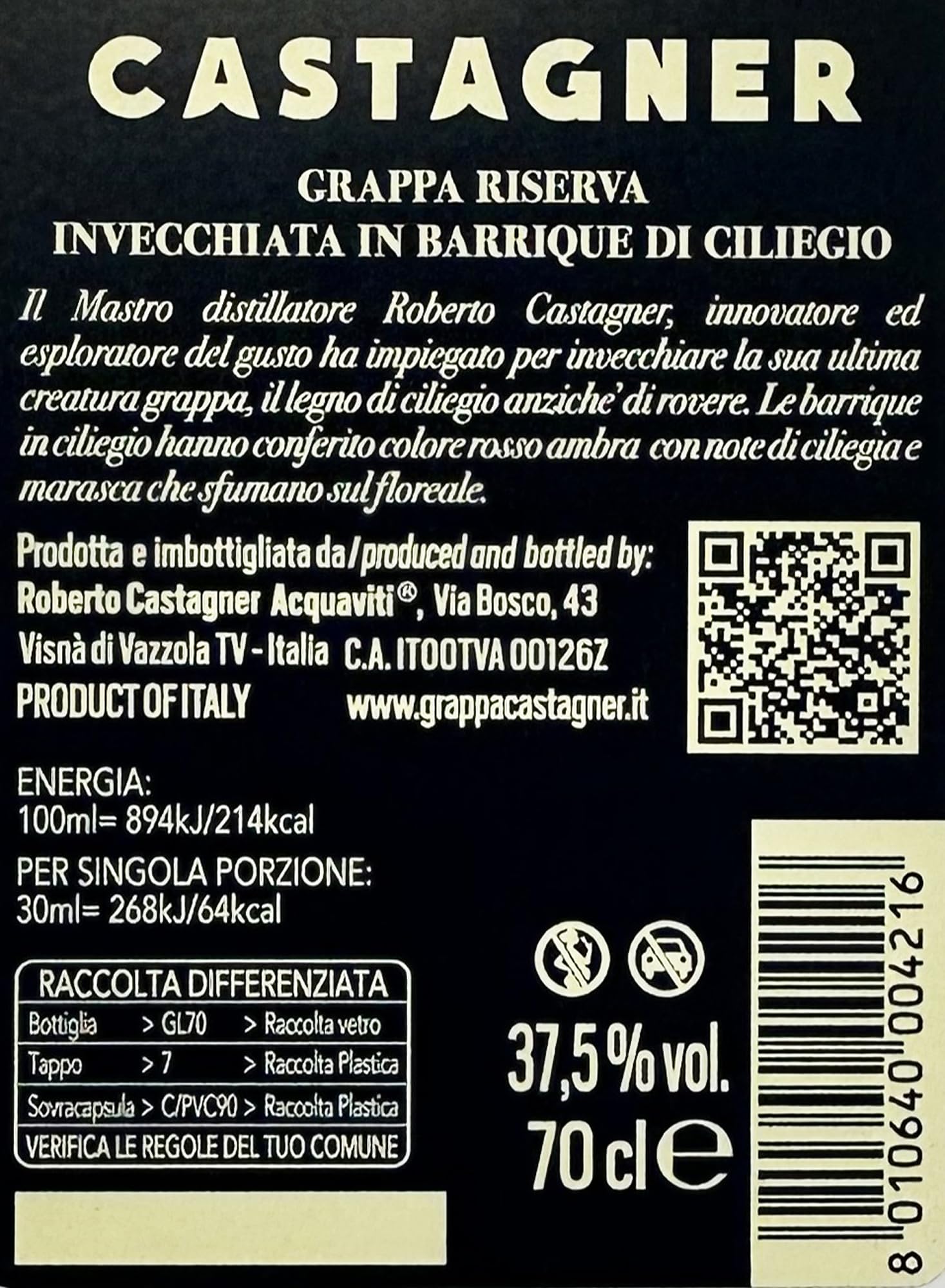 Castagner Grappa Riserva Kirschbarrique 37,5 % vol (1 x 70 cl)