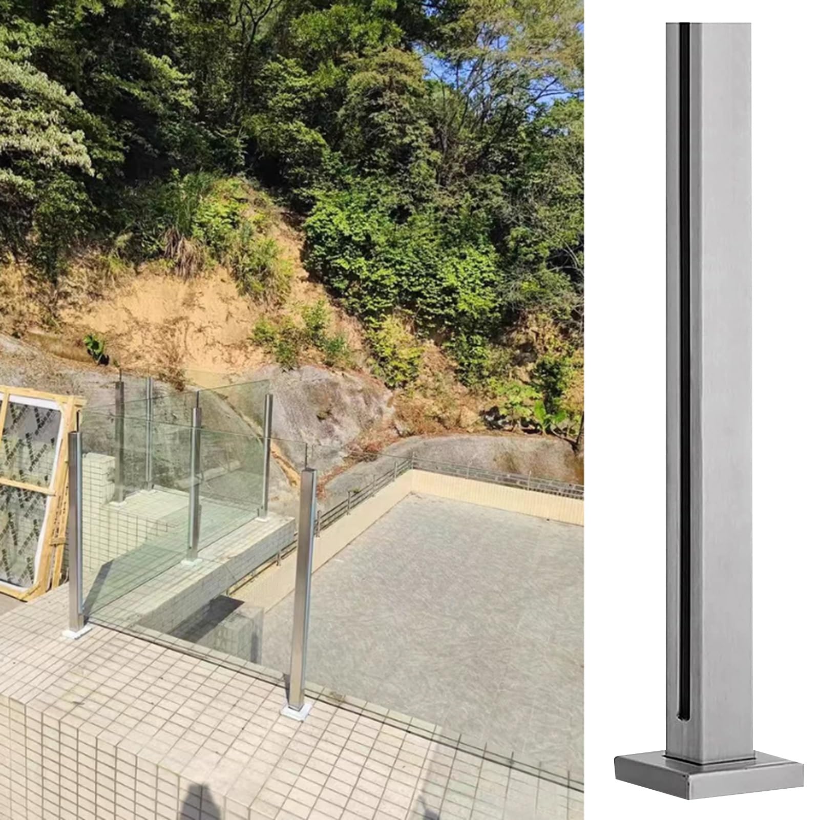 Poteau d'extrémité en verre argenté 110 cm pour escalier de terrasse et garde-corps de jardin