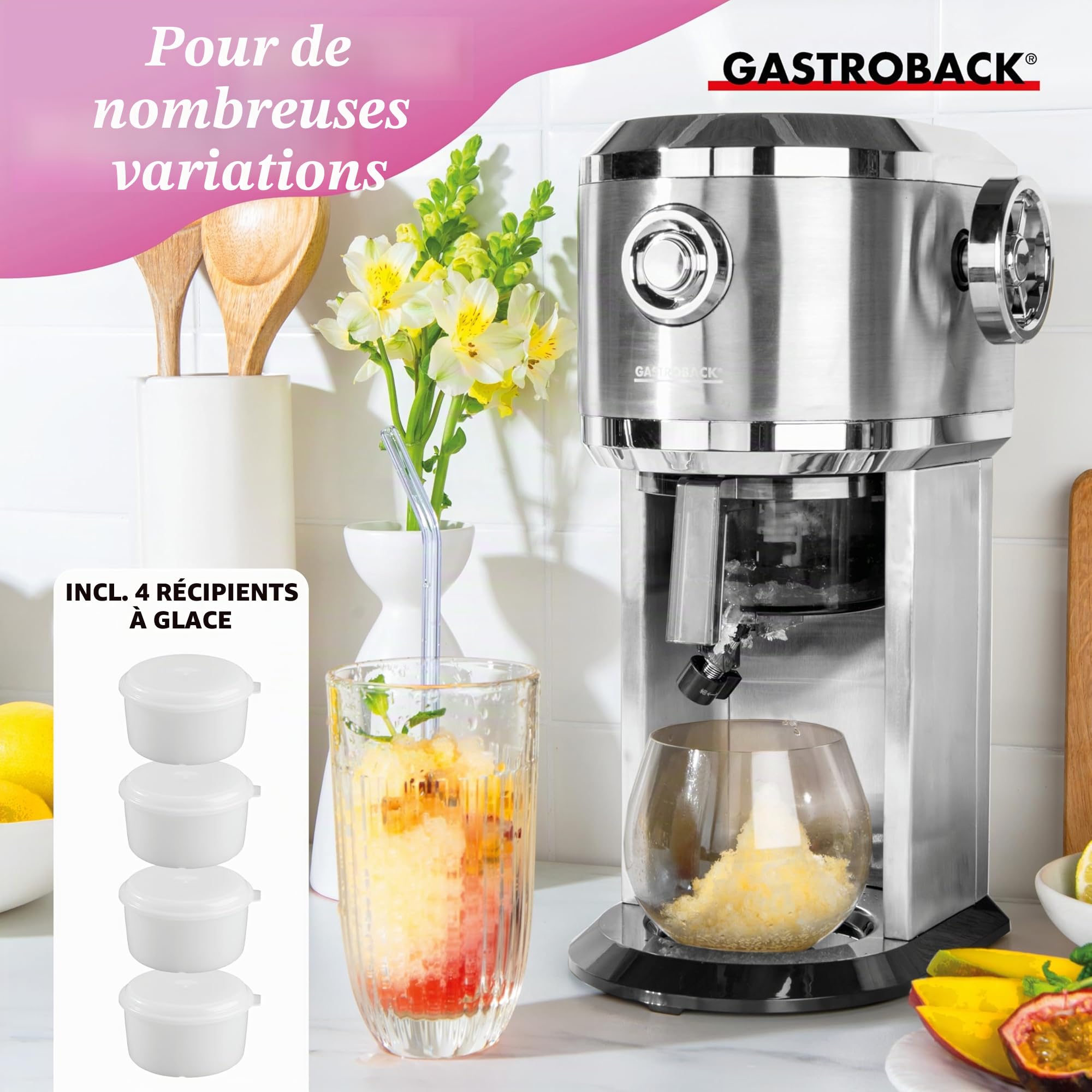 GASTROBACK Machine à granité pour la maison - Machine à glace - Pour cocktail glacé, cônes de neige, granité et glace pilée - Épaisseur de râpe et quantité de remplissage réglables