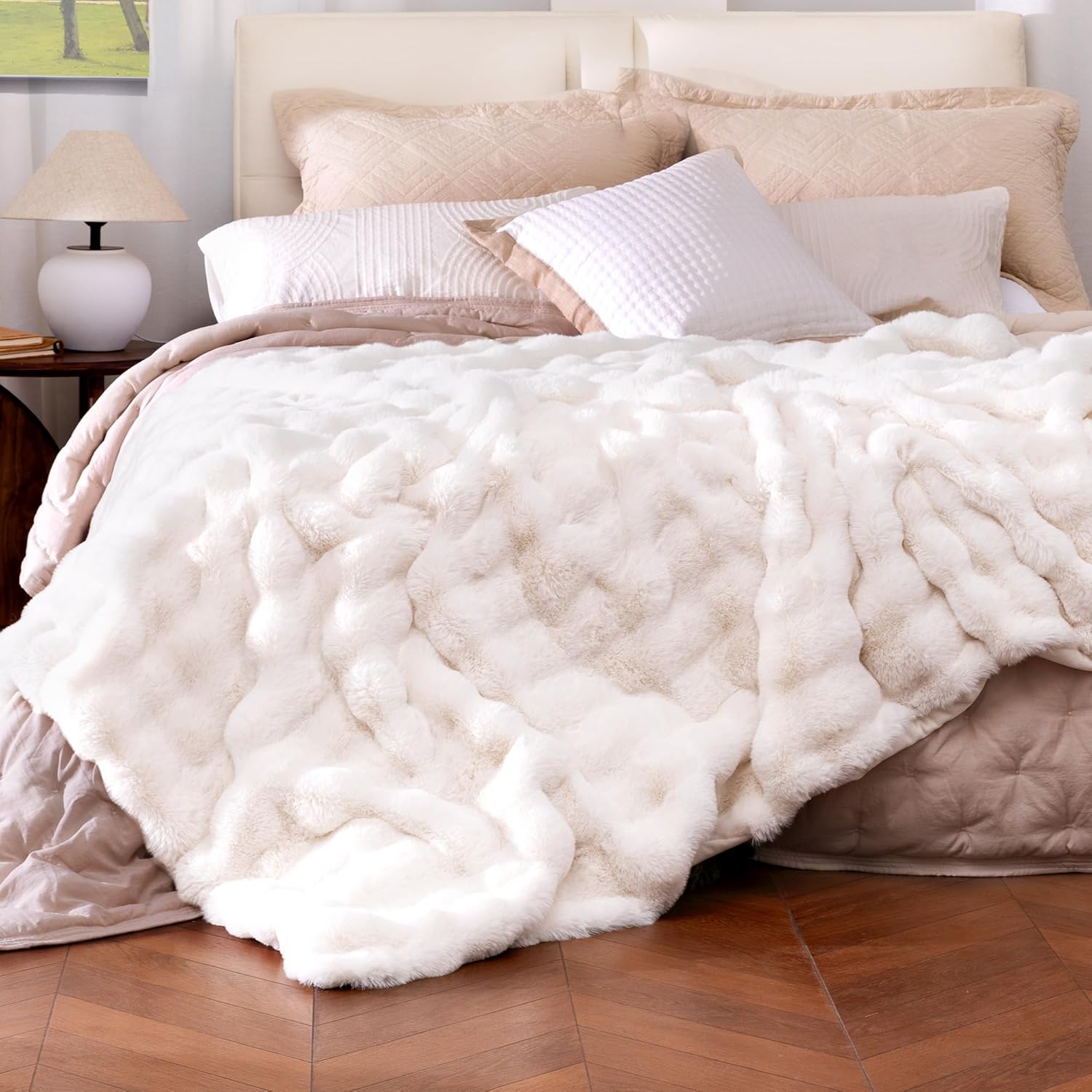 Ultra Soft Cozy Faux Fur Throw Blanket, Fuzzy Plush Thick Bubble Blanket, Oversize Luxury Fluffy Blanket for Couch, Bed, and Living Room, 60x80 Inches, White Twin Bubble White