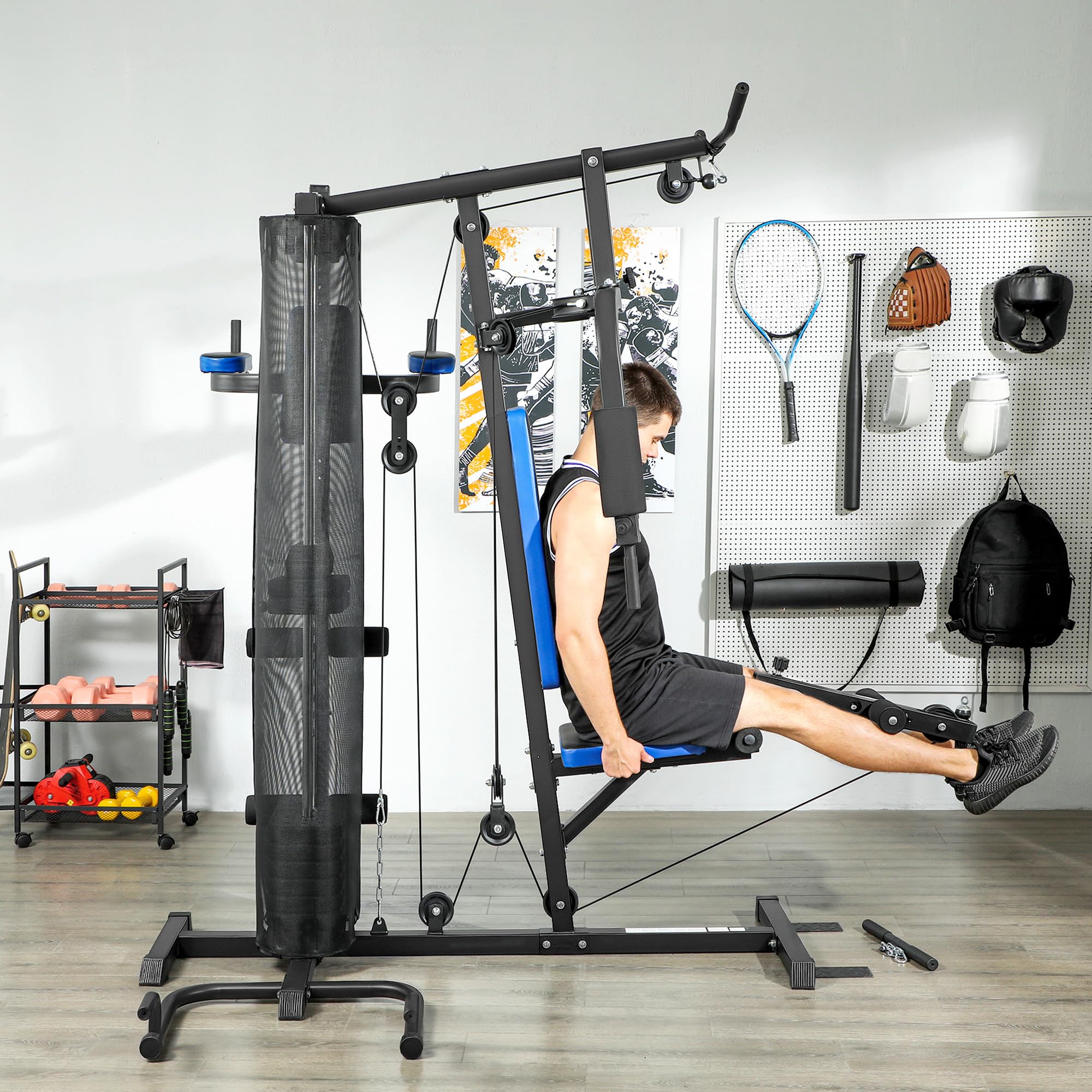 SPORTNOW Station de Musculation Multifonction Ajustable - Collaboration Aosom.FR x FFHandball - Banc Fitness 10 contrepoids 65 kg avec Filet de Protection Appareil de Musculation à Domicile