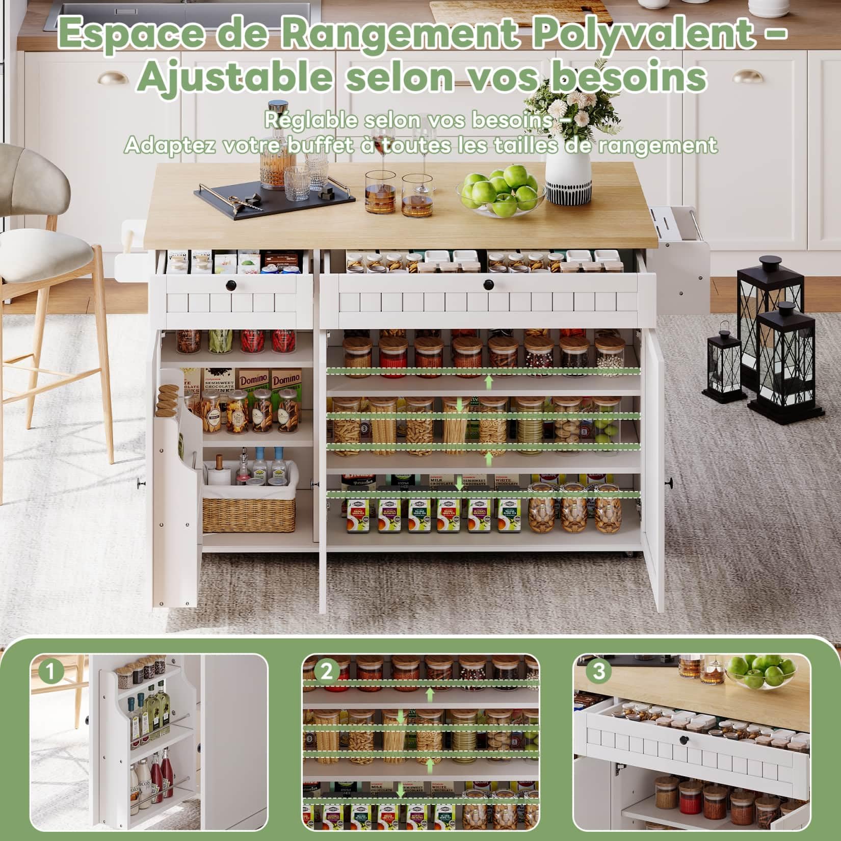 PUGSDRLY Desserte Cuisine à 6 roulettes Orientables,Îlot Central,Buffet Cuisine avec Plan de Travail Pliable,Étagères Réglables,2 Tiroirs,Portique (A-Blanc, 70x137x89.5)