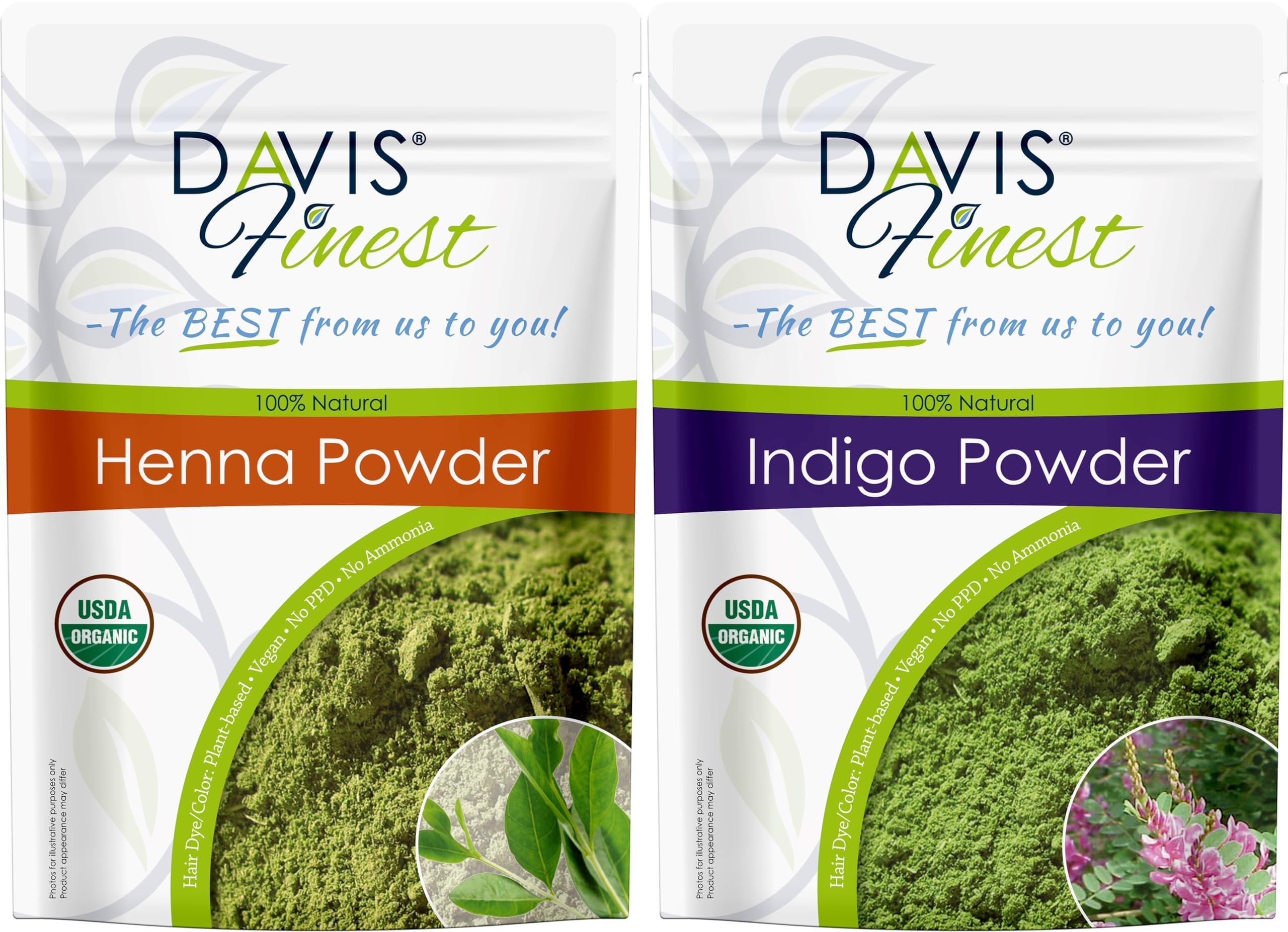 Davis FinestHenna & Indigo Powder Pure Hair Dye 500g, Combo Pack - Organic, 250g Henna & 250g Indigo, Natural Hair Colour Beard Dye, PPD-Free, VeganUSDA Organic