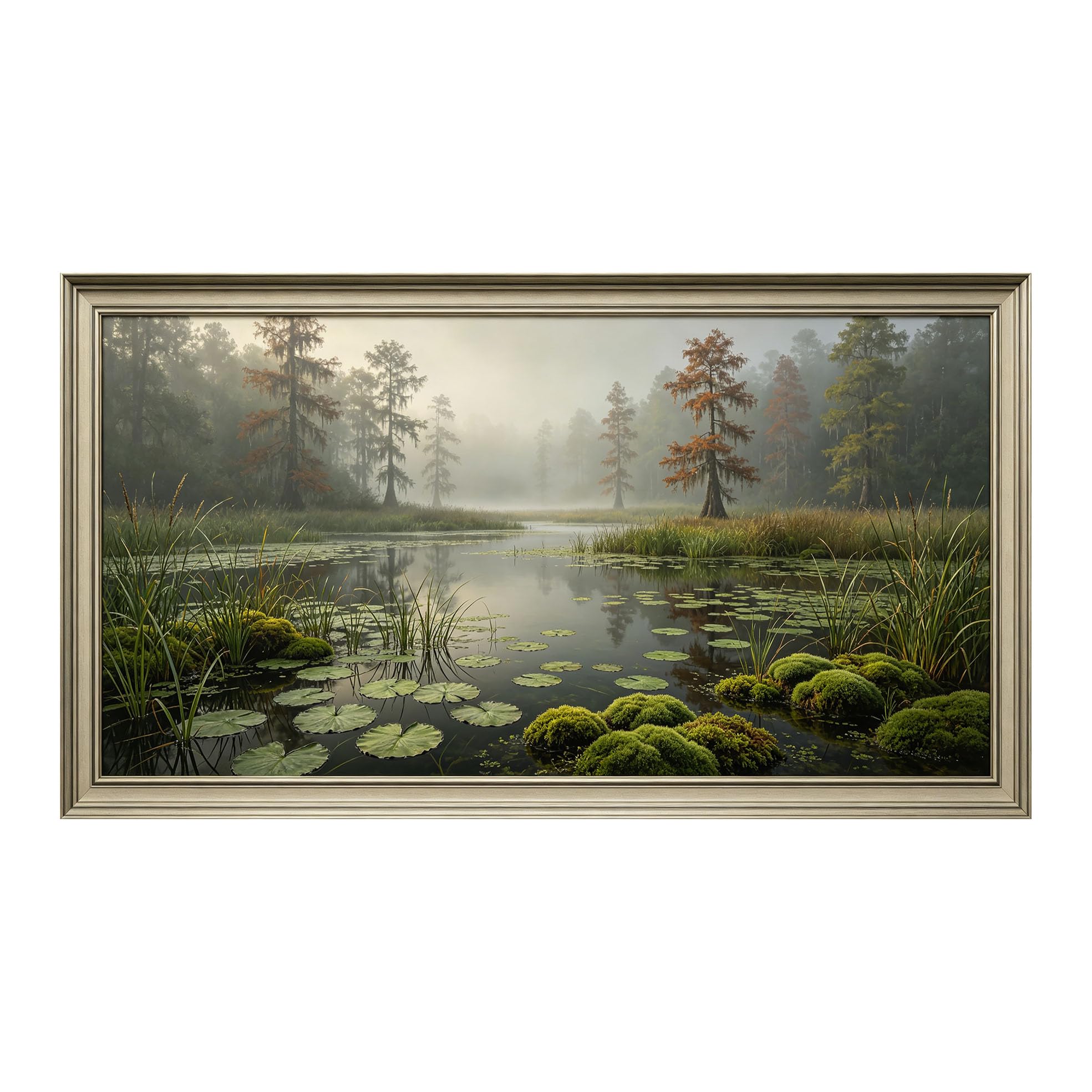 Yzpallescene 3D Framed Wall Art 50cm×100cm Misty Swamp Lake Botanical Watercolor Panoramic Large Size SelfAdhesive Removable Wall Decor Prints Artwork for Living Room Bedroom Office
