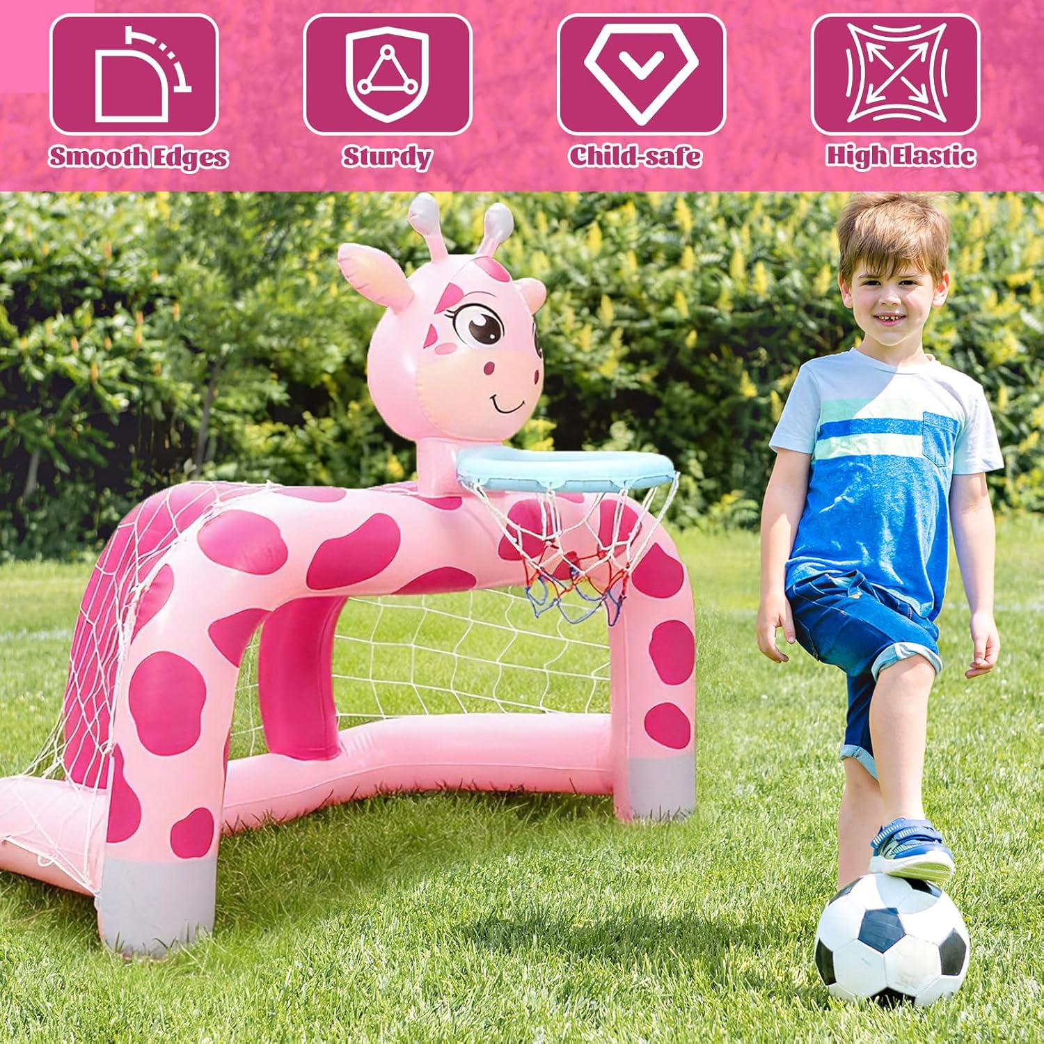 Soulchen 1 Set 2 in 1 Inflatable Toddler Basketball Hoop Soccer Goal Set, Giraffe Indoor Outdoor Sports Activity Center Toys for Kids, Baby Toddlers Birthday Gift for 1 2 3 4 5 Year Old Boys Girls