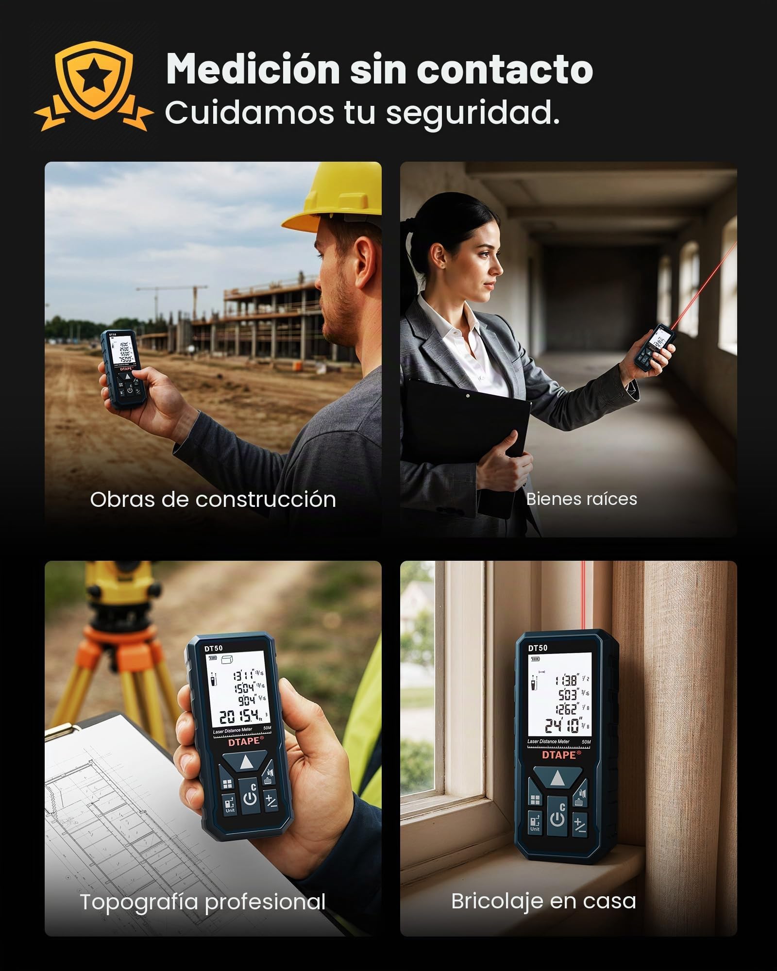 DTAPE Medidor Láser, Telémetro Digital de Alta Precisión, Cinta Métrica Electrónica con Pantalla LCD Retroiluminada de 2", Mide Área/Volumen/Indirecta, en Pulgadas/Pies/Pies+Pulgadas/Metros