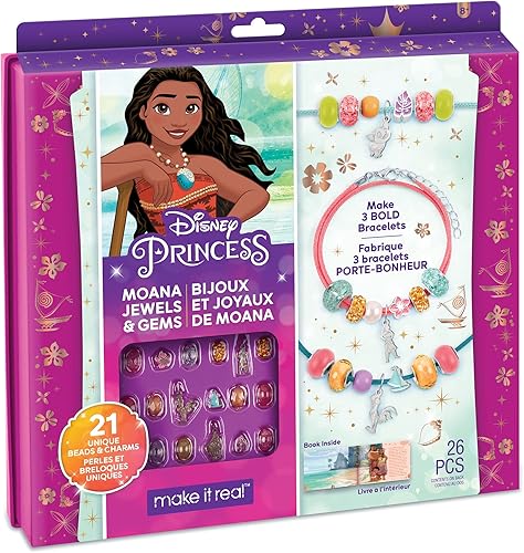Make It Real Disney Princess Moana Jewels & Gems - Kit de fabricación de pulseras con dijes Moana para niñas, juego de manualidades y actividades de