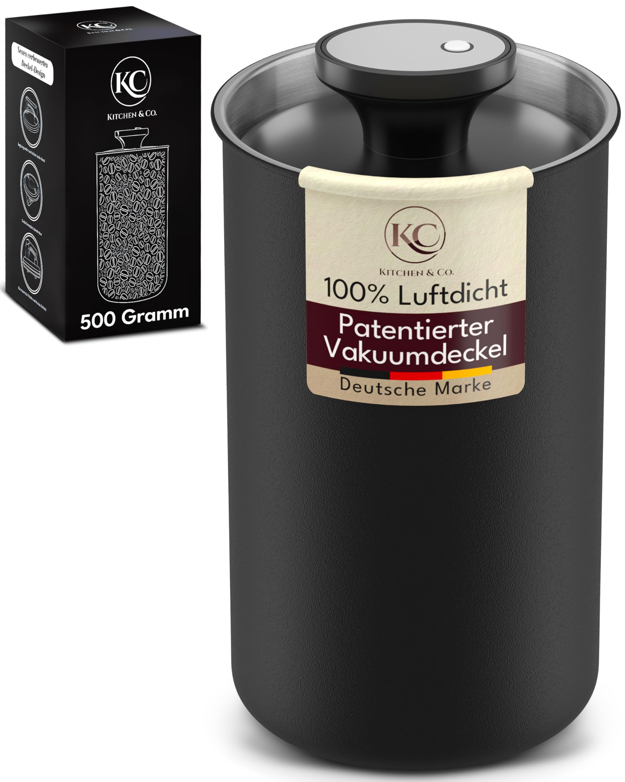 KC Kitchen & Co. Barattolo per caffè da 250 g, in acciaio inox, ermetico, color argento, cilindrico, con coperchio sottovuoto, protezione degli aromi