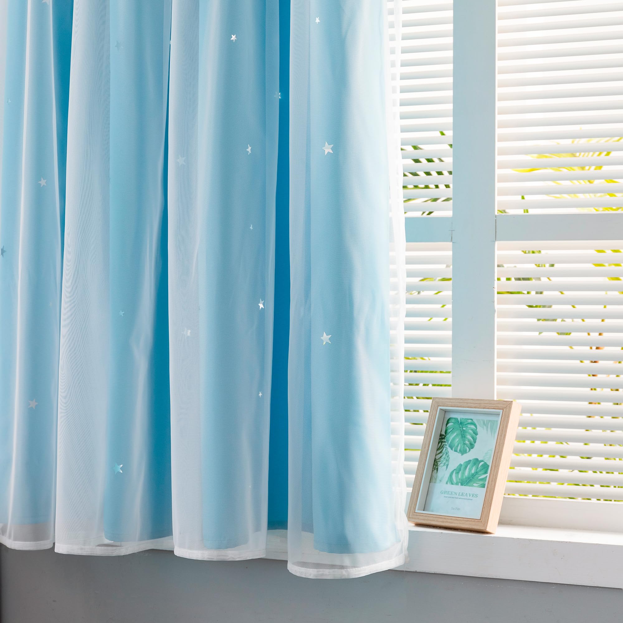 GIRASOLE HOME® Paire de rideaux à double voile occultants doux fantaisie étoiles vides, rideau isolant, pour chambre et chambre d'enfant, 2 panneaux avec œillets (140 x 145 cm, bleu ciel)