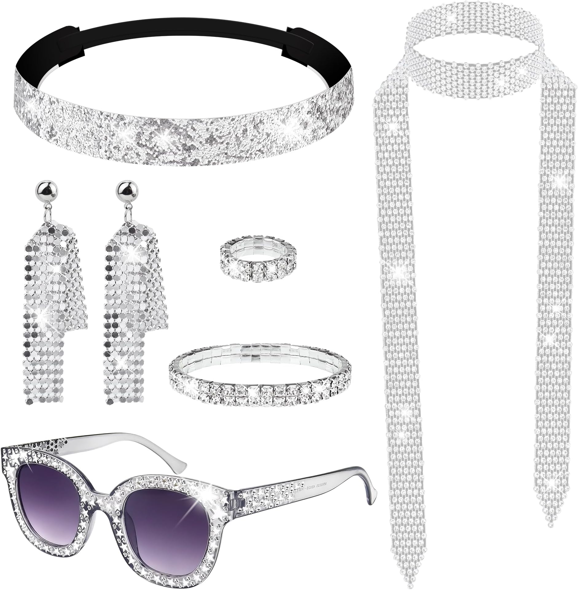 6 Pcs 70s Disco Accessories for Women Costume Jewelry Set Disco Earrings Ring Sequin Scarf Sunglasses Bracelet Headband