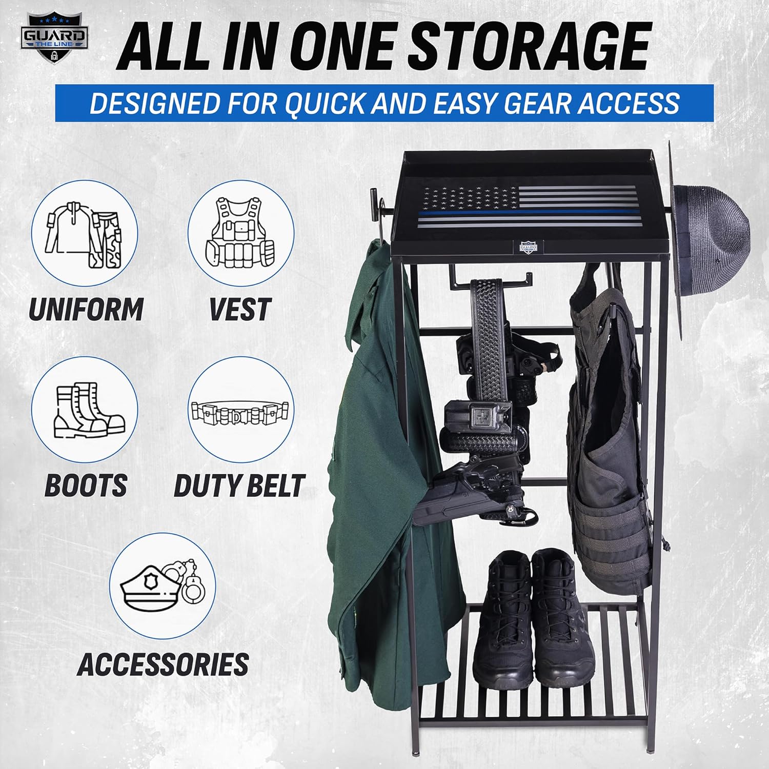 Police Gear Rack - Law Enforcement & Military Gear Stand Organizer - Uniform, Vest & Duty Belt Holder - Tactical Equipment Storage - Cop Caddy Gift