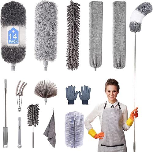 Panny 14 plumeros de microfibra con poste de extensión plumero largo extensible para limpieza ventilador de techo con cabezal lavable y flexible