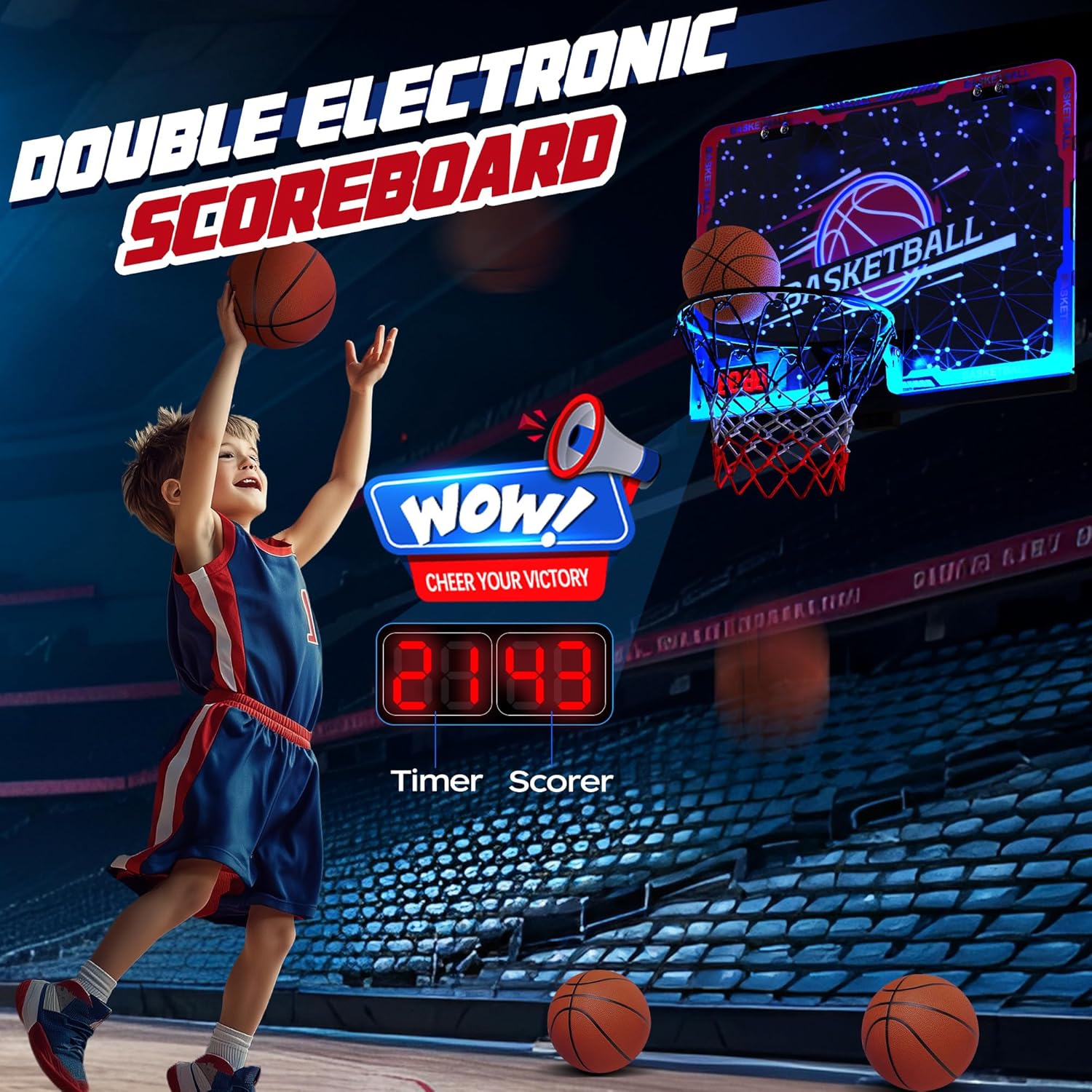 Mini Indoor Basketball Hoop with 7-Color Lights & 3-Light Effects & Scoreboard & Timer,Over The Door Bedroom Office for 3-12 Year Old Kids Boys Birthday Christmas