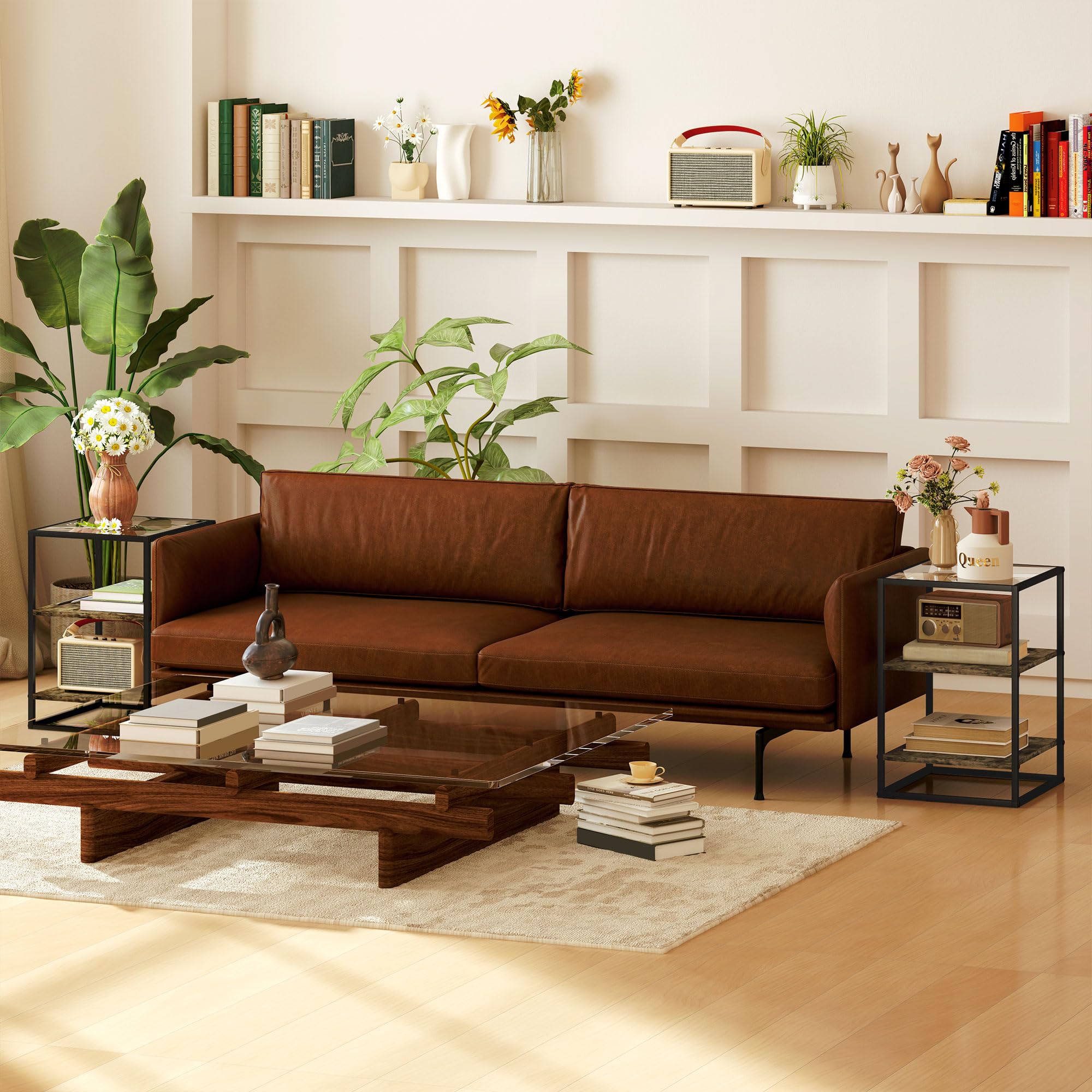 HOMCOM Set 2 Tavolini da Soggiorno a 3 Livelli con Base Rialzata, Tavolini Bassi in Legno, Metallo e Piano in Vetro Temperato, 37x40x55.5 cm, Marrone