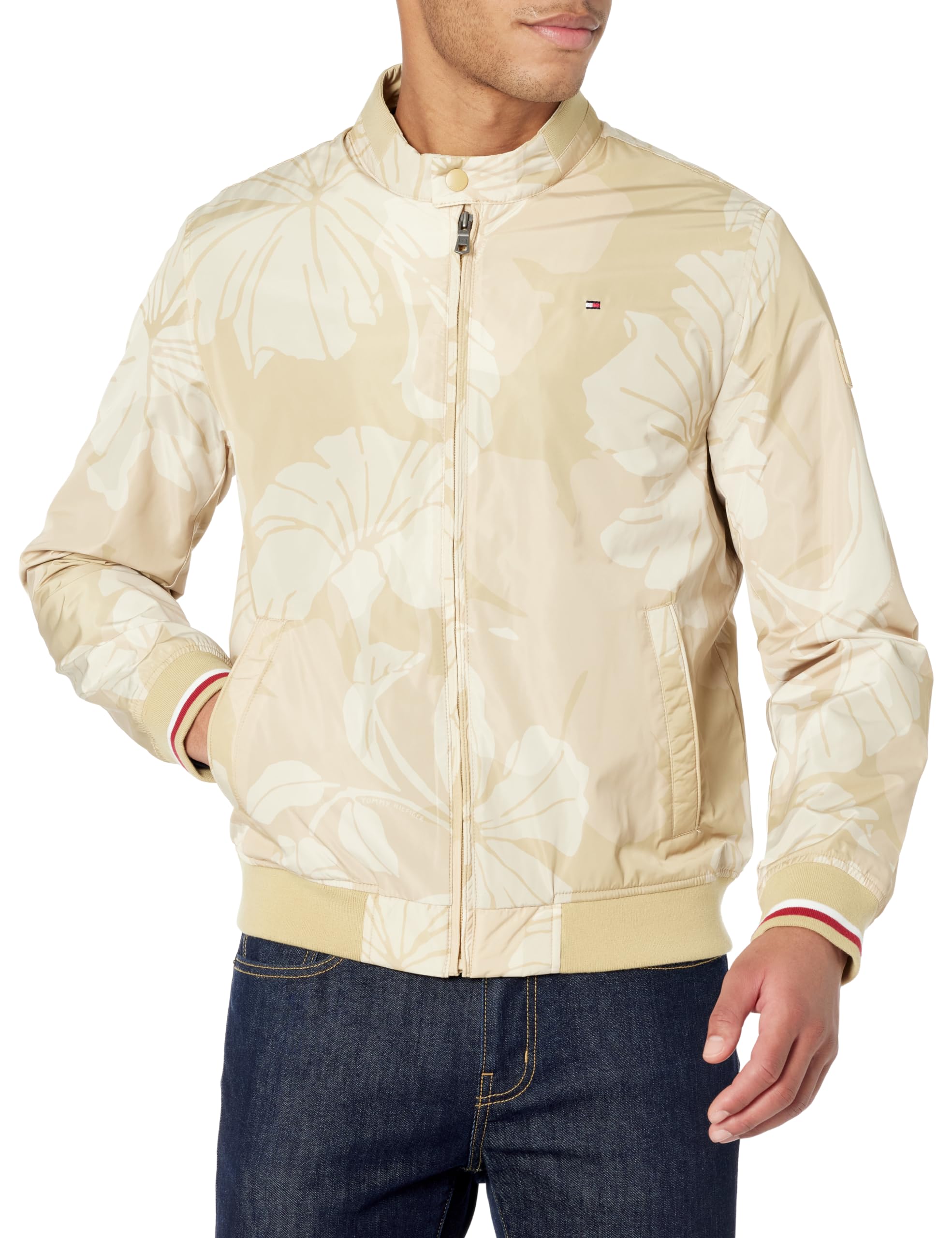 Tommy Hilfiger Leichte Varsity Rippstrick-Bomberjacke für Herren, Floraler Print, XL