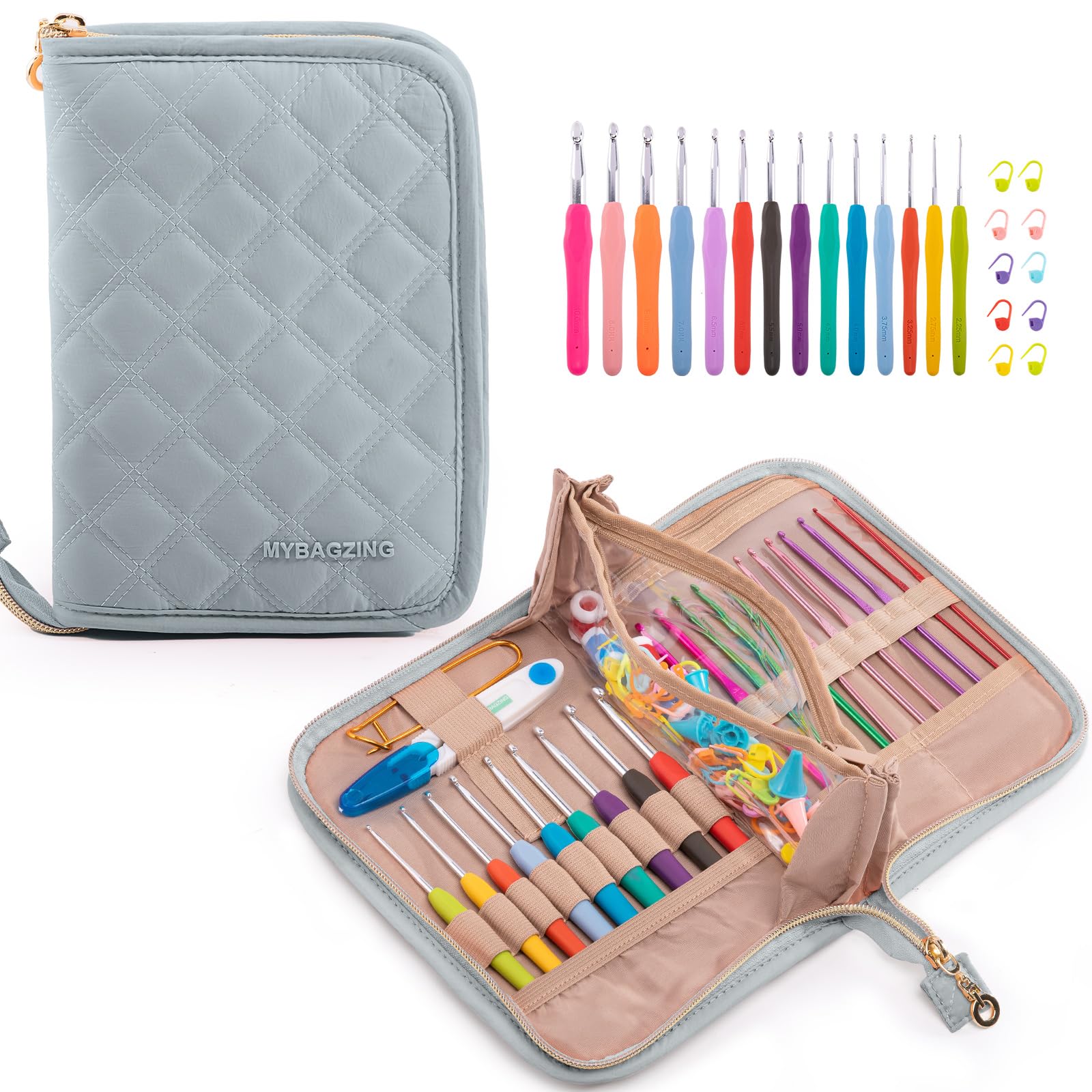 MYBAGZING Juego de 14 ganchos de ganchillo de 2 mm (B)-10 mm (N) ergonómicos con funda de ganchillo de pie, organizador de ganchillo para los amantes del ganchillo