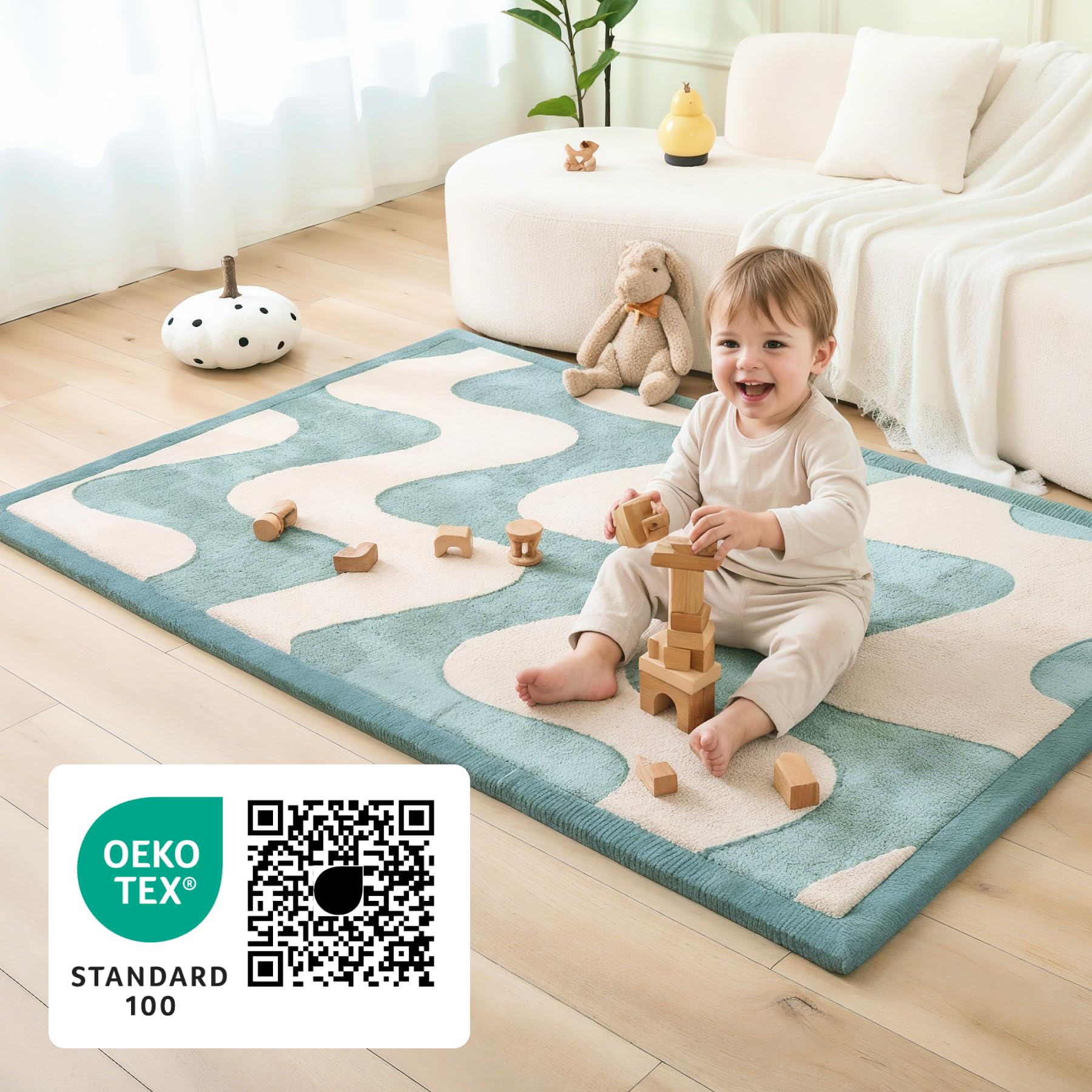 Wolkenweiche Spielmatte Baby 280x200x2,5cm, Wellen, Tatami Matte | Teppich für Kinderzimmer mit hochwertigem Hochdichter Polyurethan – Krabbelmatte Baby mit Rutschfester Unterseite