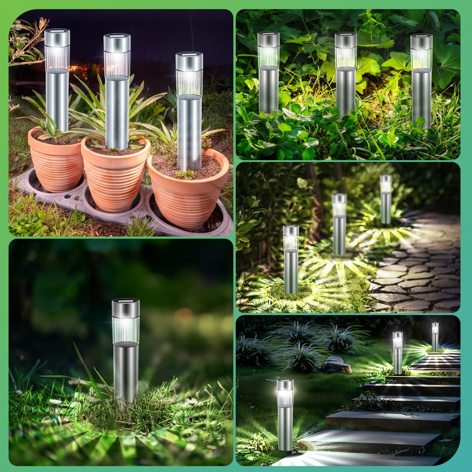 Aigostar Luces Solares Jardín 12 Pcs Lamparas Solares Jardín/Paisaje 6500K IP44 Impermeable Luces Exterior Jardín LED, Acero Inoxidable Luz Solar de Césped Para Pasillo, Césped, Patio