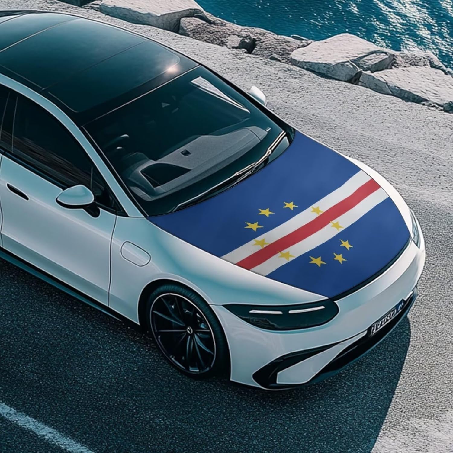 Cape Verde Flag Car Hood Cover Elastic Polyester Cover for Car Hood Removable Automotive Accessories for Most Automotive Sedans Trucks Pickup Sports Cars