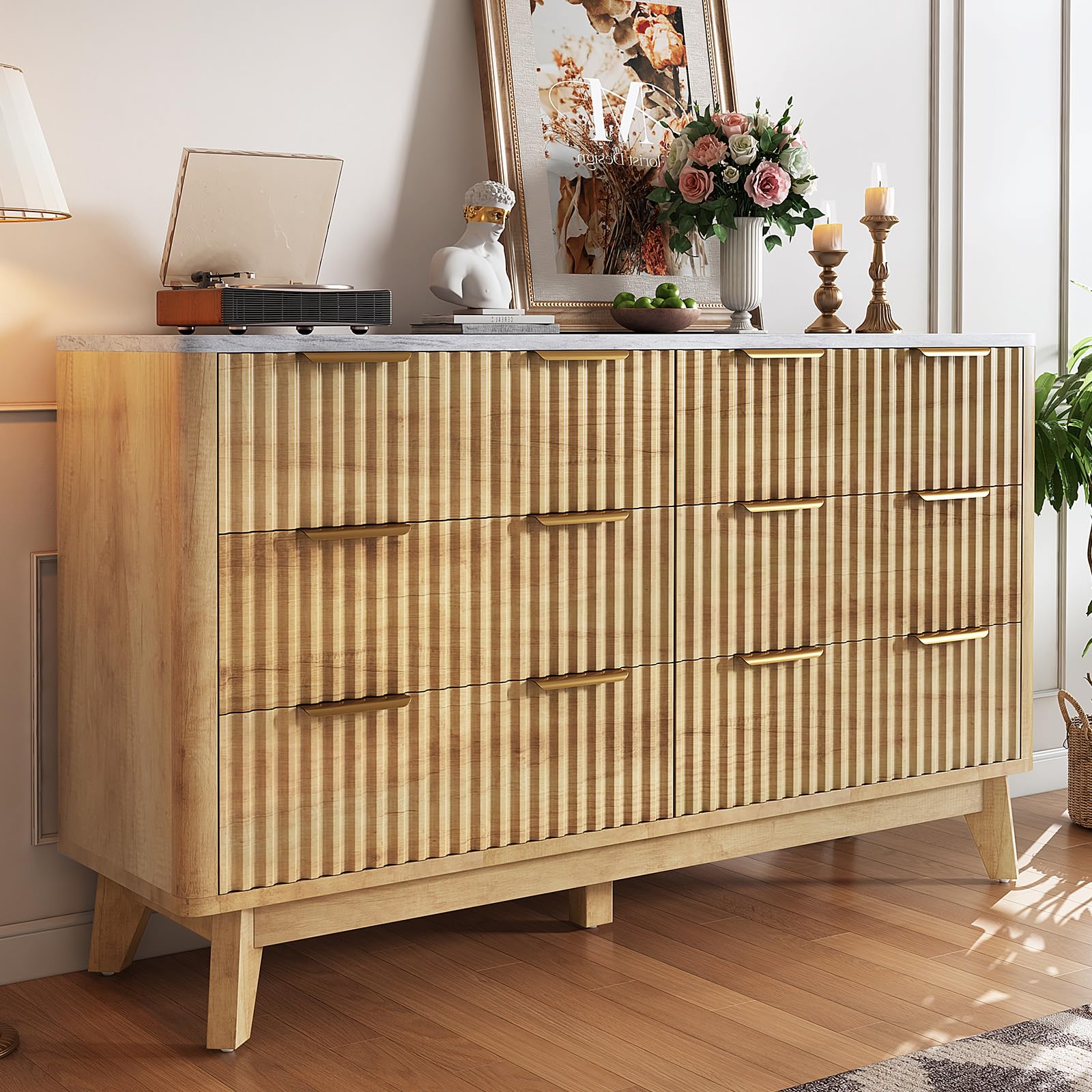 AMERLIFE Fluted 6 Drawers Dresser with Faux Marble Top, 54" Wide Modern Chest of Drawers, Wood Dresser, Drawer Organizer for Bedroom, Living Room,