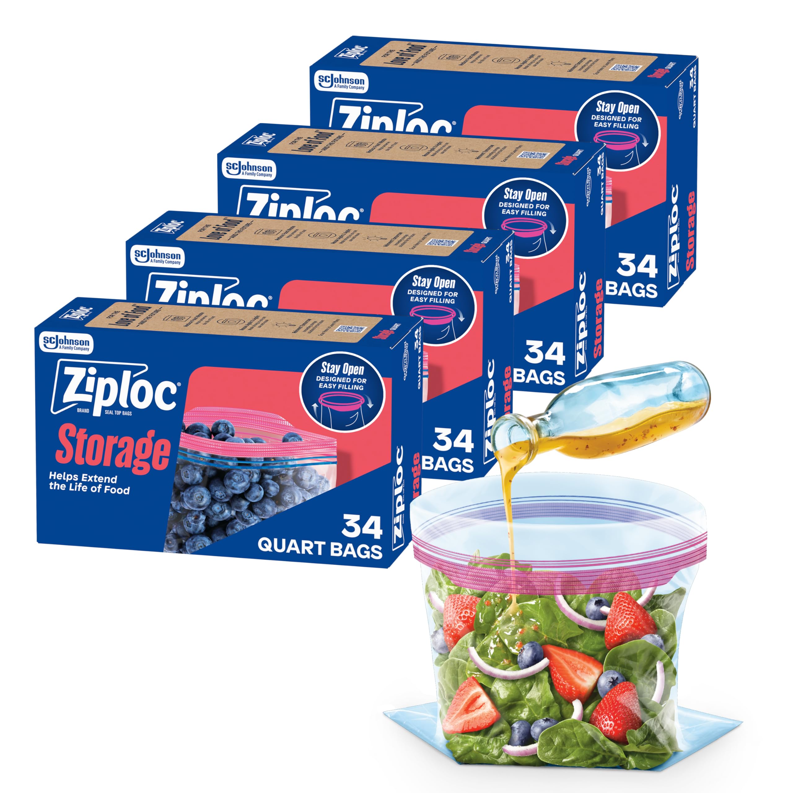 Ziploc Quart Food Storage Bags, Stand-Up Bottom, Easy to Fill, 136 Count (Packaging May Vary)