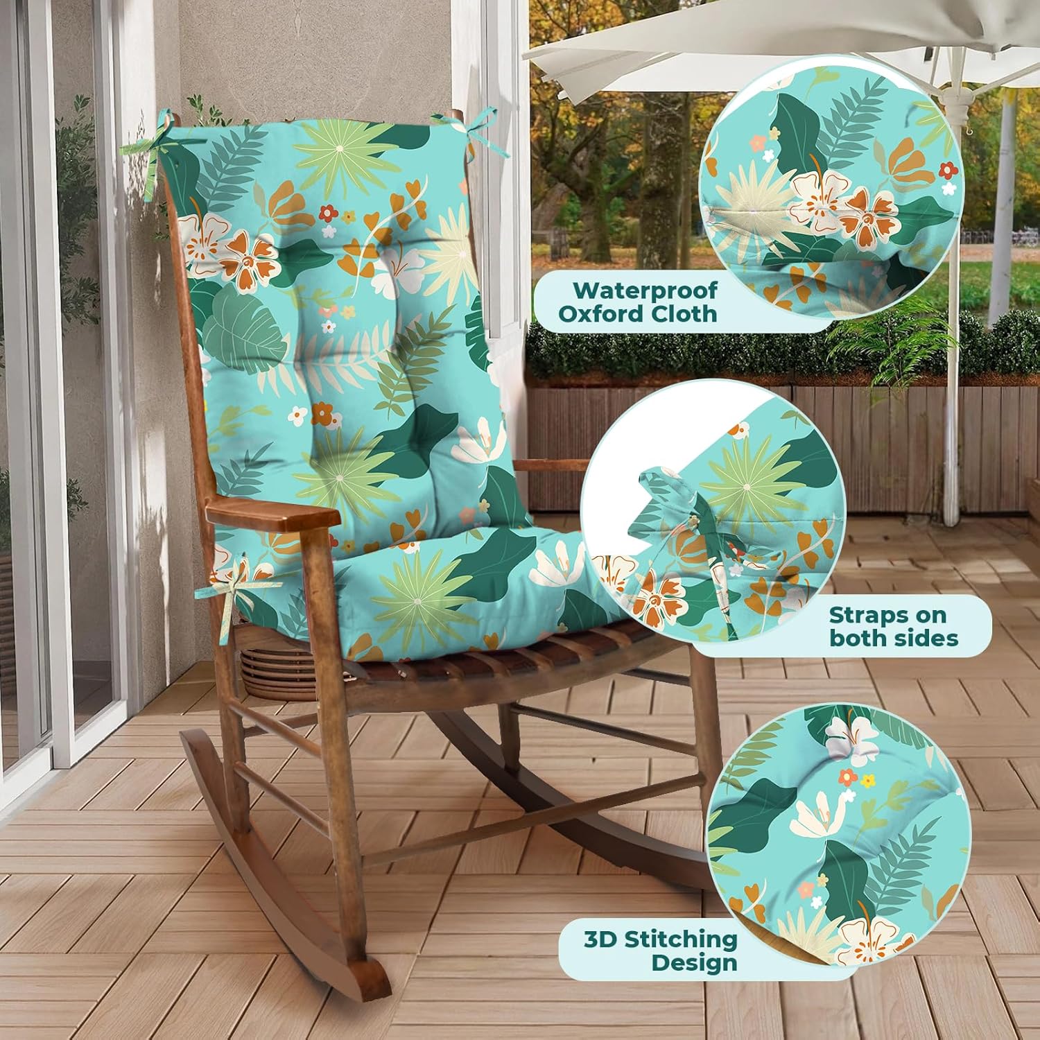 Rocking Chair Cushion Waterproof Oxford Chair Cushion Non-Slip Bottom Thick Cotton Rocking Chair Pads 2pcs Set with Ties Indoor Outdoor Patio Chair Cushions, Purple Flower (Green Flower)