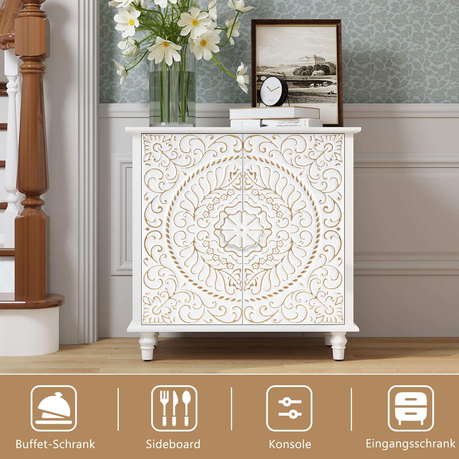 HOLTICO Sideboard Wohnzimmer, Küchenschrank Kommode mit 2 Türen Buffetschrank Aufbewahrungsschrank für Wohnzimmer, Küche, Esszimmer Weiß