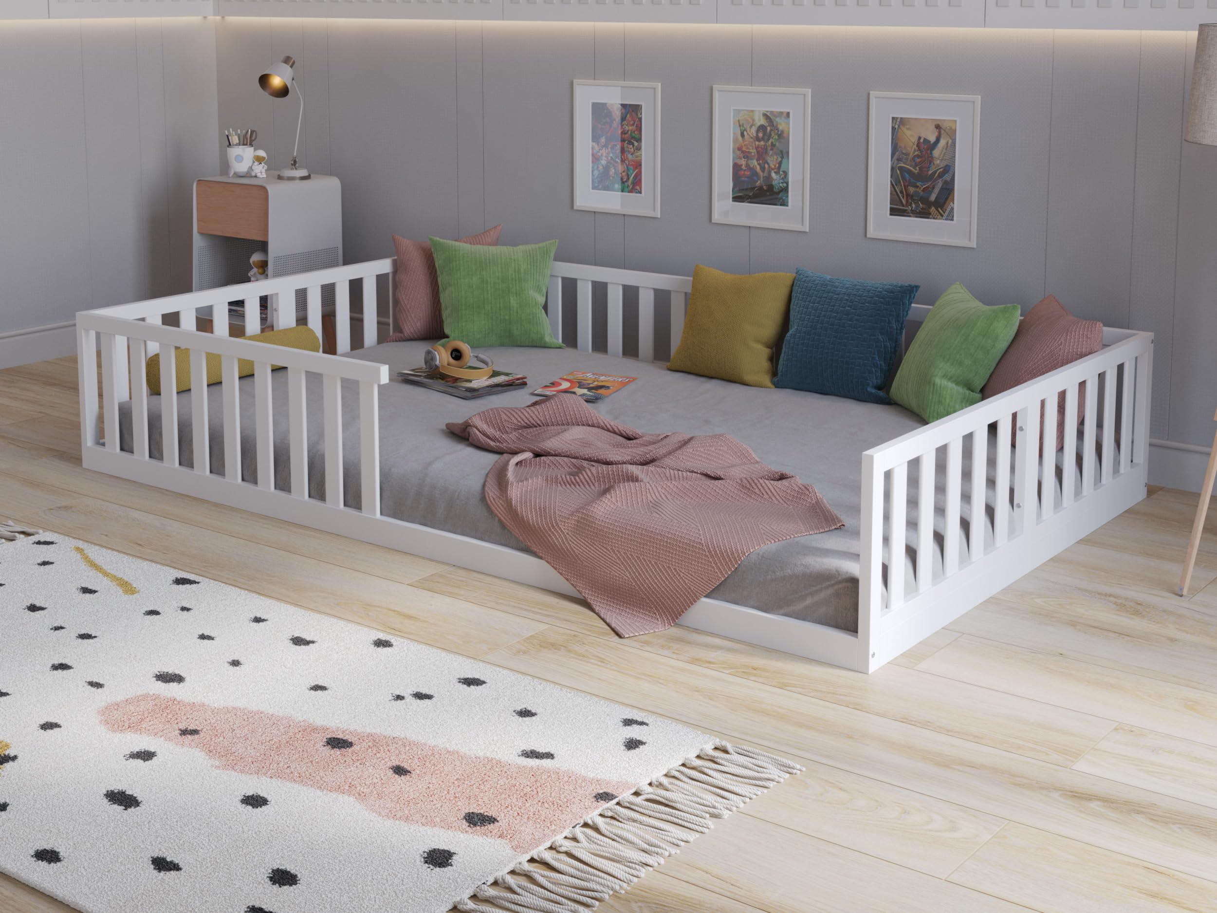 Love For Sleep Letto a pavimento bambini Bianco120x200cm Letto Montessori Costruzione Adatta ai Bambini, in legno, basso per bambini con doghe di legno