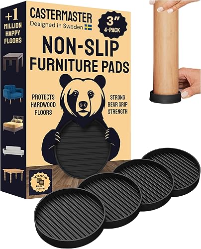 CasterMaster Almohadillas antideslizantes para muebles para suelos de madera dura, tazas redondas negras de 3 x 3, patas de goma para muebles,