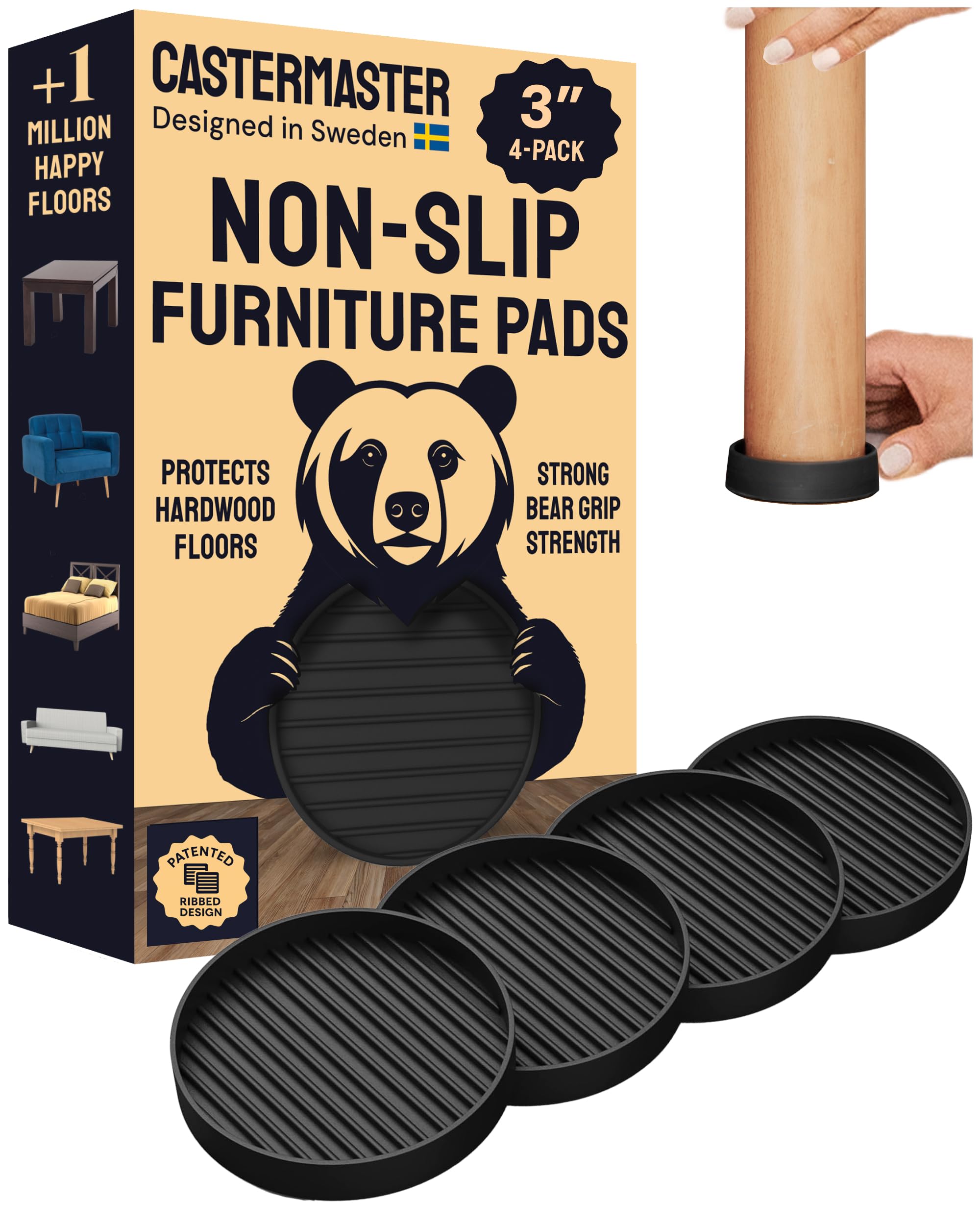 CasterMaster Non Slip Furniture Pads for Hardwood Floors - 3x3 Black Round Caster Cups - Rubber Feet for Furniture - Anti Slip Couch Stoppers to Prevent Sliding - Floor Protectors (Set of 4)